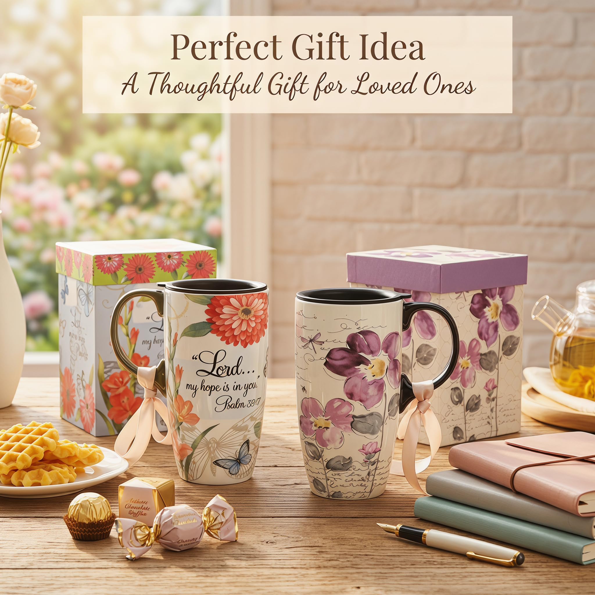 Topadorn 17oz Ceramic Travel Mug with Lid, Tall Ceramic Coffee Mug with Handle, Purple Floral Coffee Cup with Gift Box