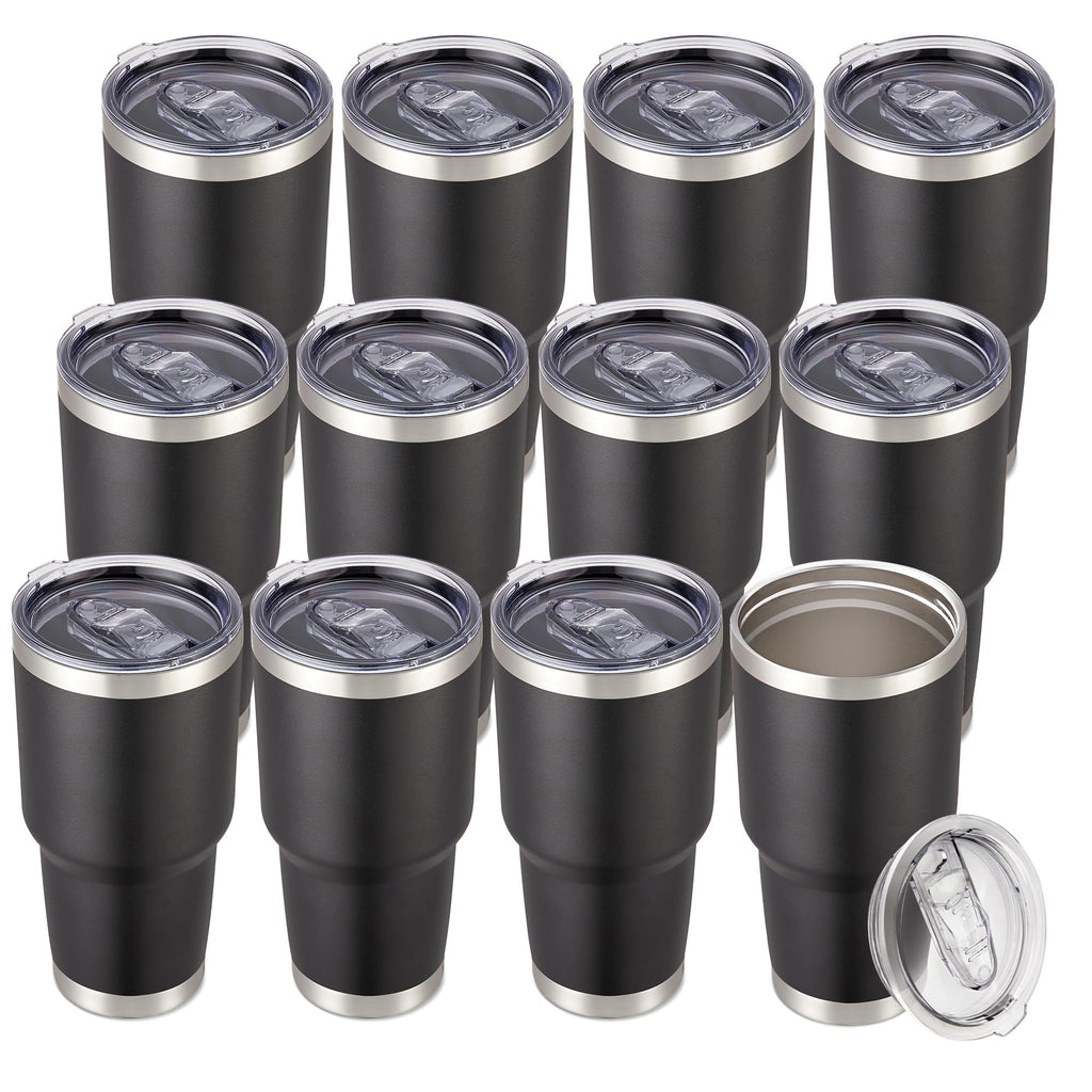 30 oz Tumbler with Lid Stainless Steel Tumblers Bulk Vacuum Insulated Cup Reusable Powder Coated Travel Mug Double Wall Leak Proof Cups Keep Cold Drinks for 12 Hours Black, Set of 8