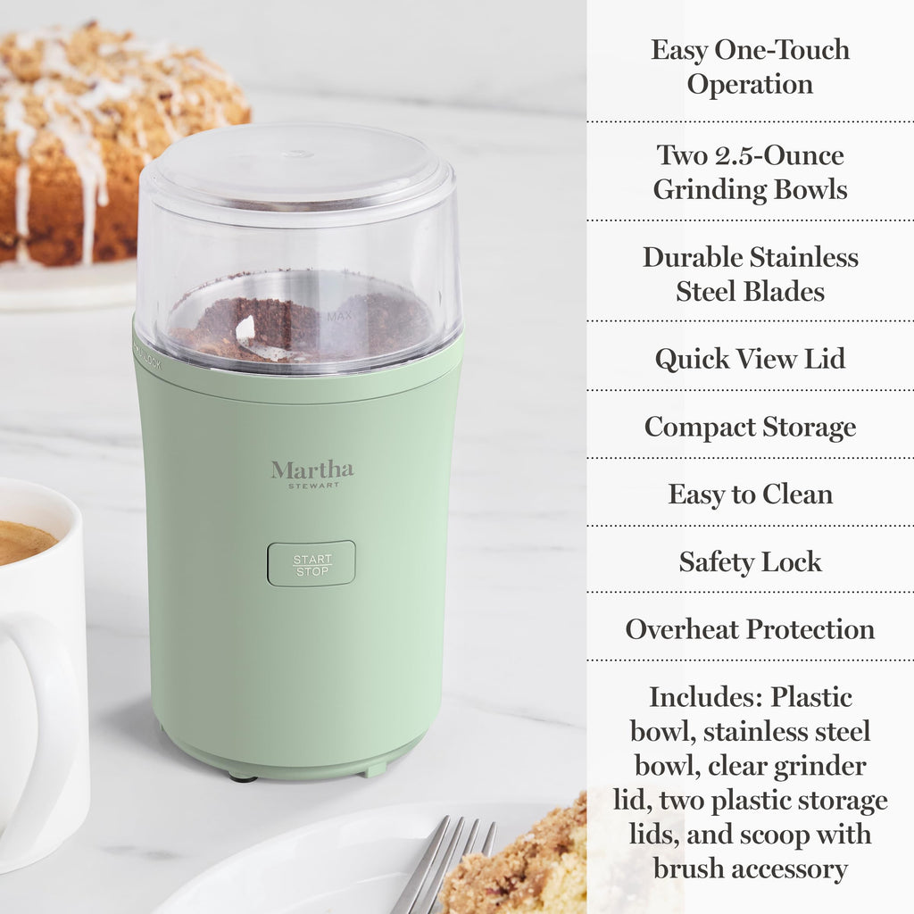 Martha Stewart Electric Coffee & Spice Grinder, Dual 2.5oz Removable Bowls, Storage Lids, Stainless Steel Blades, One Touch Pulse Control, 2-in-1 Compact, Beans & Spices, Herbs & Nuts, Honeydew Green