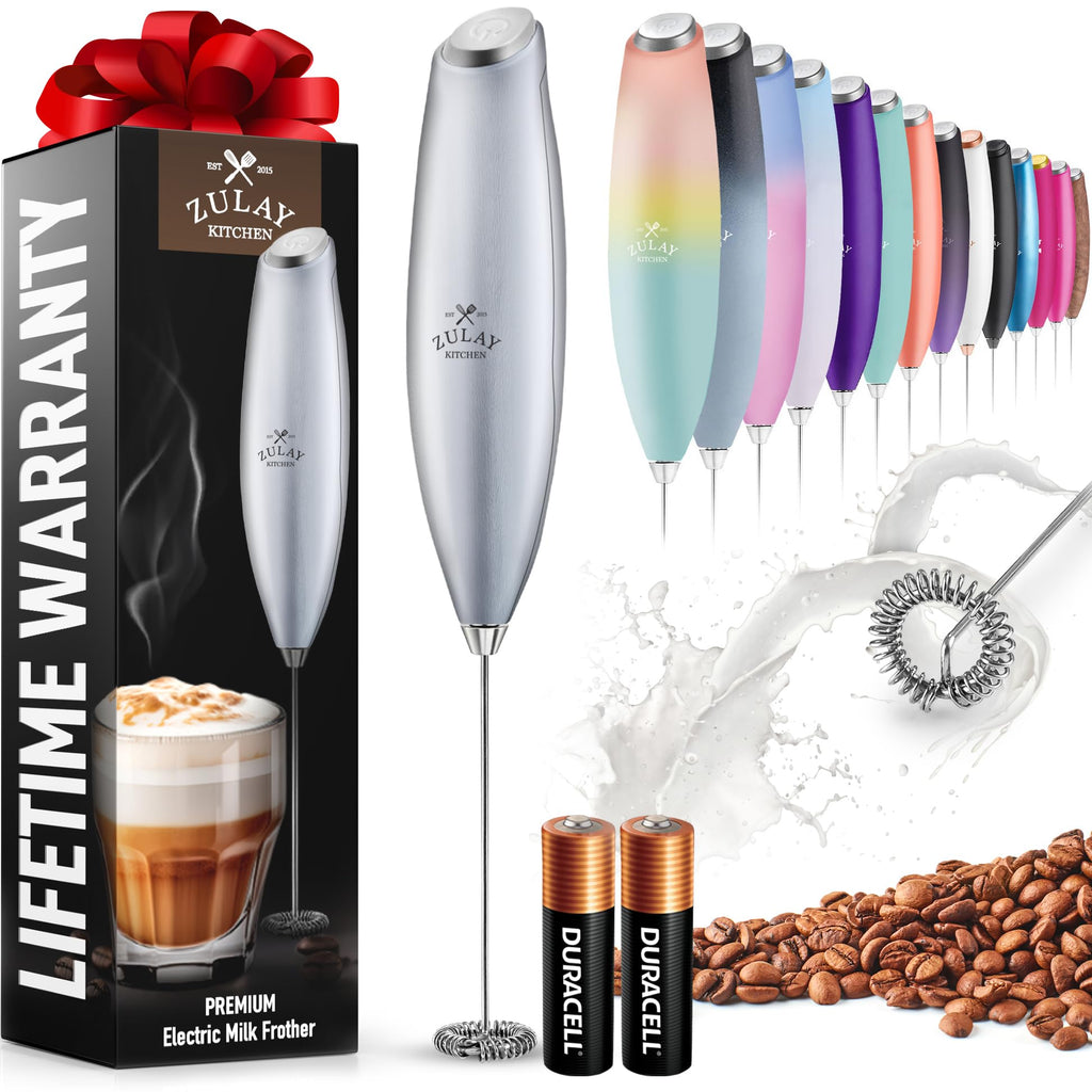 Zulay Kitchen Powerful Milk Frother AA Batteries Included – Ultra Fast Handheld Drink Mixer with Stainless Steel Whisk Stirrer for Coffee, Protein, Matcha & More, Frother Wand Electric Frothmate Black