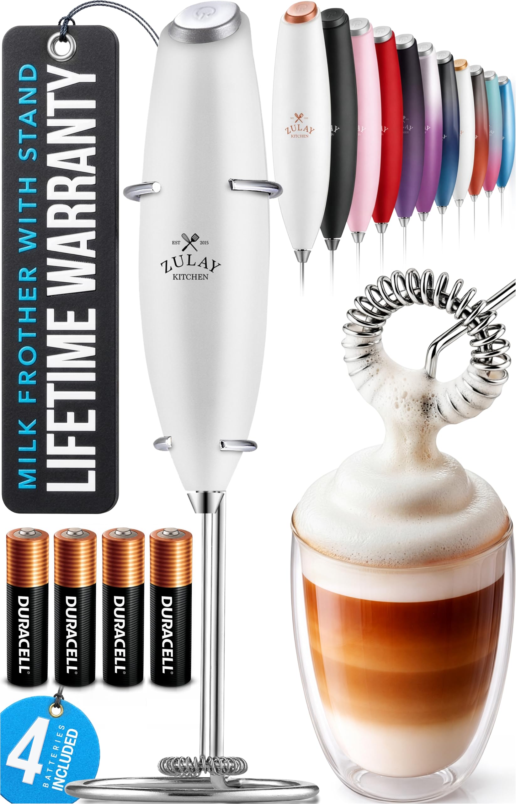 Zulay Kitchen Rechargeable Milk Frother Handheld - Frother Wand, Drink Mixer, Electric Whisk Frother, for Cappuccinos, Matcha & Protein Powder - Lux 4 Whisk 2 Speed Waterproof 2000mAh Alpha Black