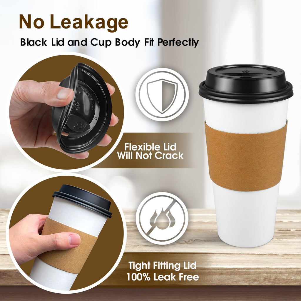 Ginkgo [100 Pack 16 oz Disposable Coffee Cups with Lids and Sleeves - To Go Coffee Cups for Hot Drinks, Chocolate, Cocoa and Coffee Bar