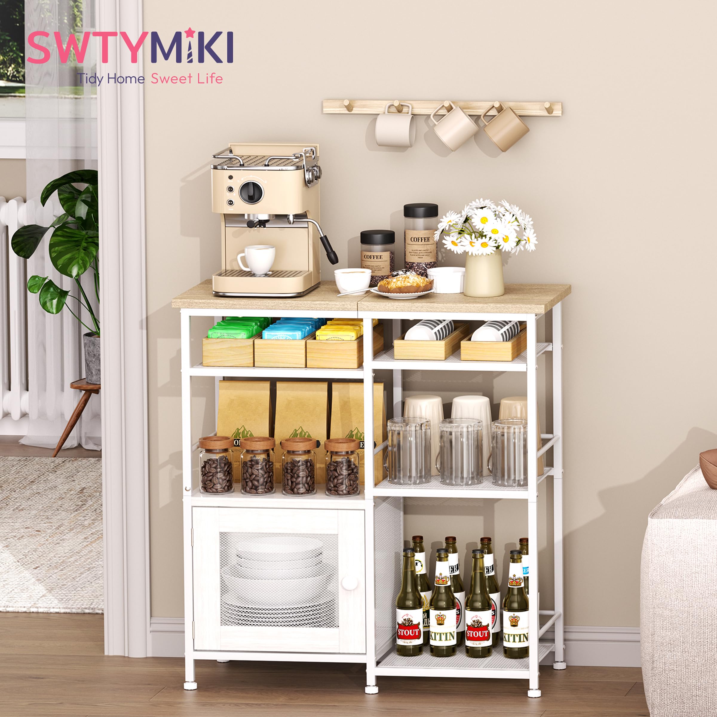 SWTYMIKI Coffee Bar Cabinet Station - Farmhouse Small Coffee Stand Station with Doors, Rustic Storage Organizer for Kitchen, Buffet Sideboard Cabinet Table for Home, Office, Corner, Bar, Espresso