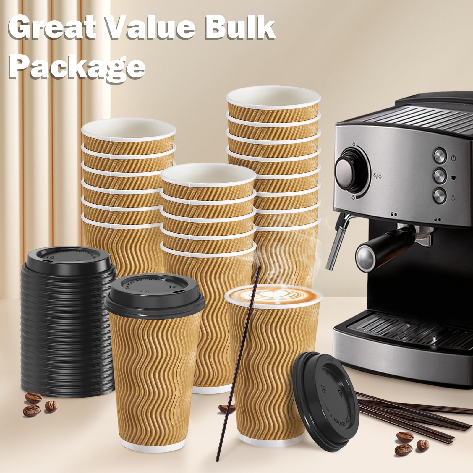 SIUQ 12 oz Coffee Cups-90 Pack Disposable Coffee Cups with Lids and Straws, Insulated Ripple Wall To Go Paper Coffee Cup for Coffee, Hot Chocolate and Hot Tea Drinks - Champagne