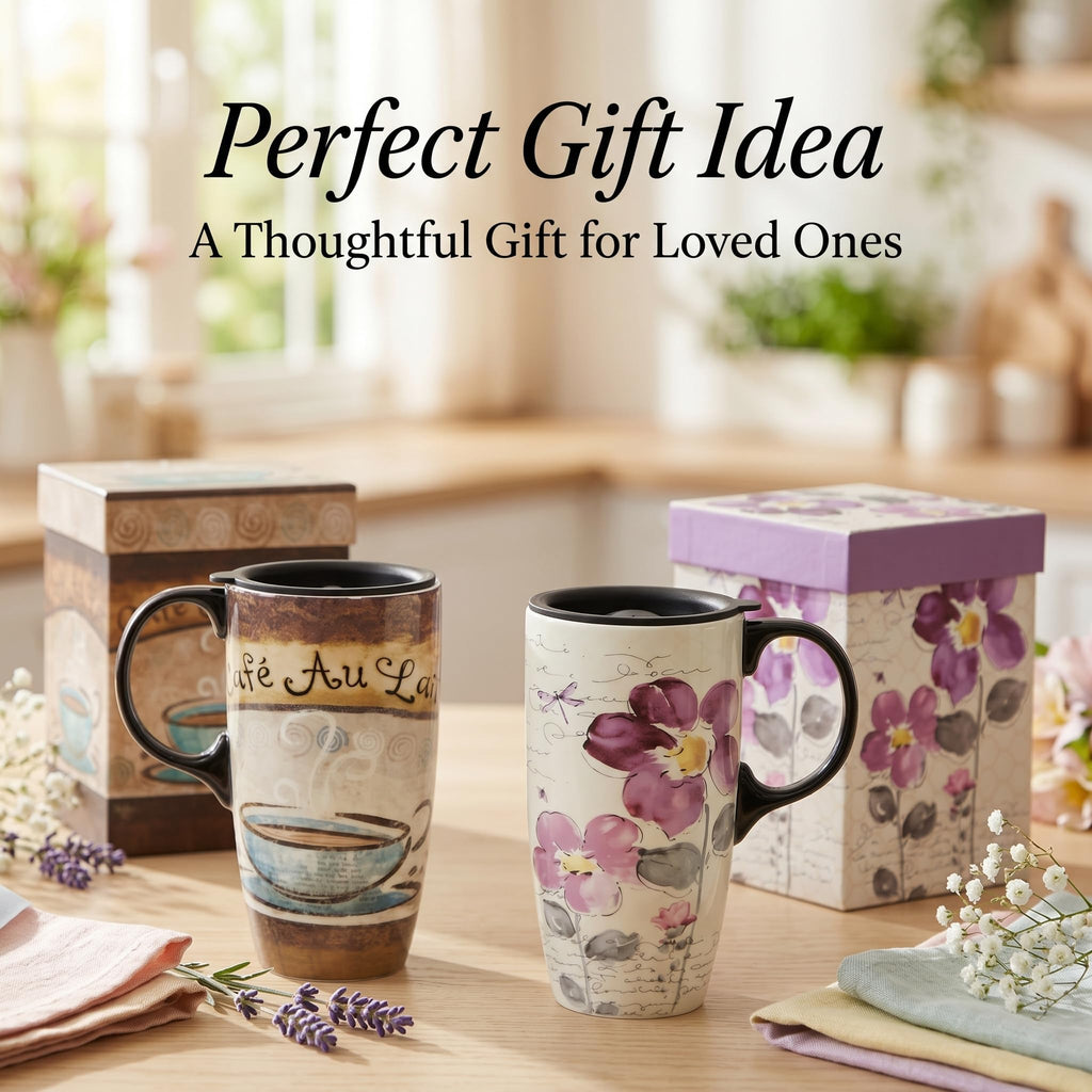 Topadorn 17oz Ceramic Travel Mug with Lid, Tall Ceramic Coffee Mug with Handle, Purple Floral Coffee Cup with Gift Box