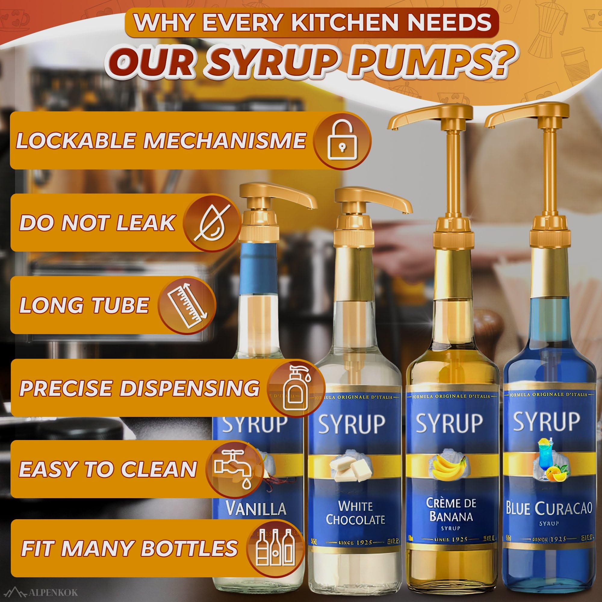 4 Pcs Coffee Syrup Pump Dispenser - Works as Skinny and Torani Syrup Pump - Fits Various 25.4 oz Bottles, Precise Dispensing 0.3oz & Lockable Design, Easy to Use & Clean, Ideal for Liquids