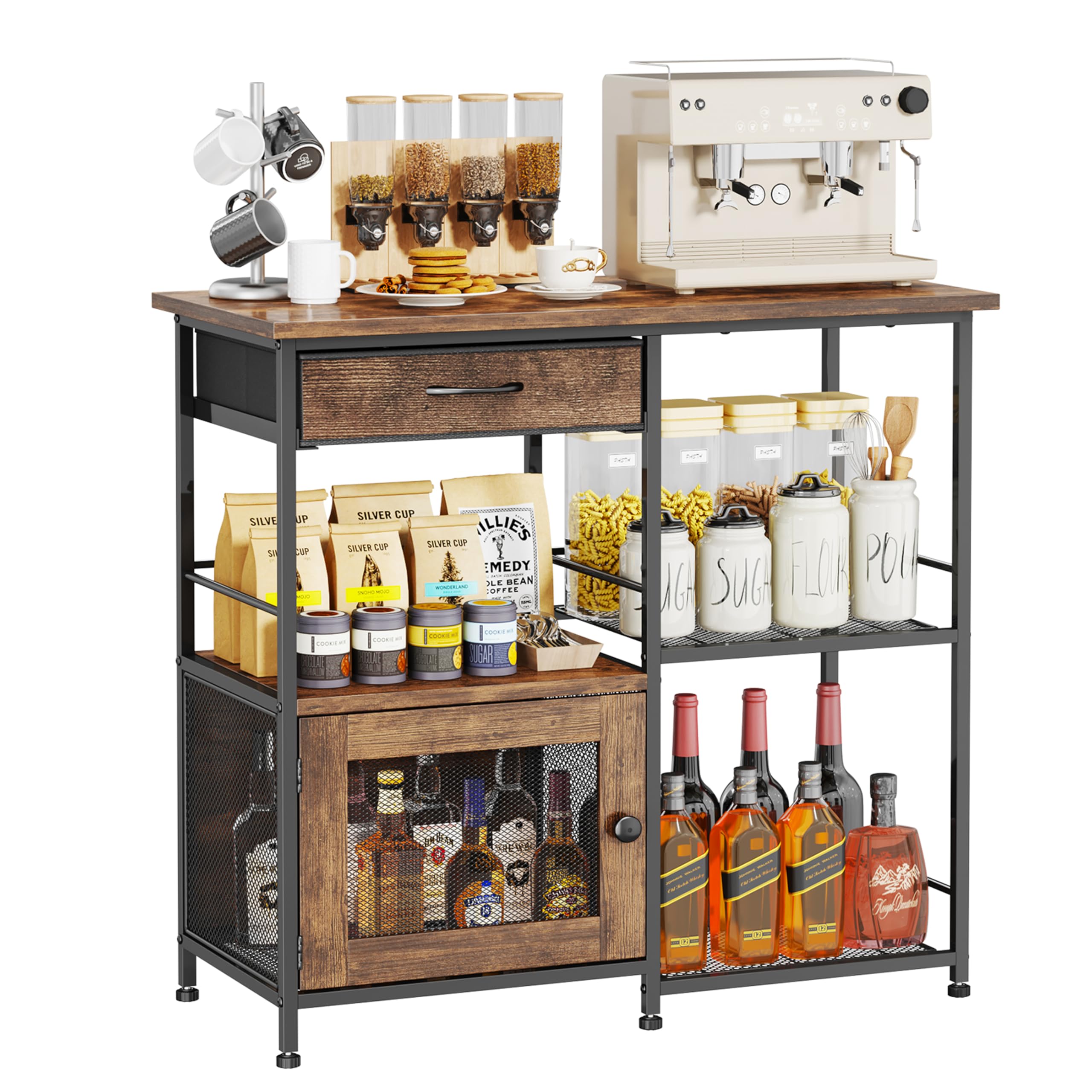 SWTYMIKI Coffee Bar Cabinet for Home - Farmhouse Coffee Stand Station Multi-Purpose Buffet Sideboard Cabinet with Drawers - Kitchen Bar Table for Living Room, Corner, Small Space, Espresso