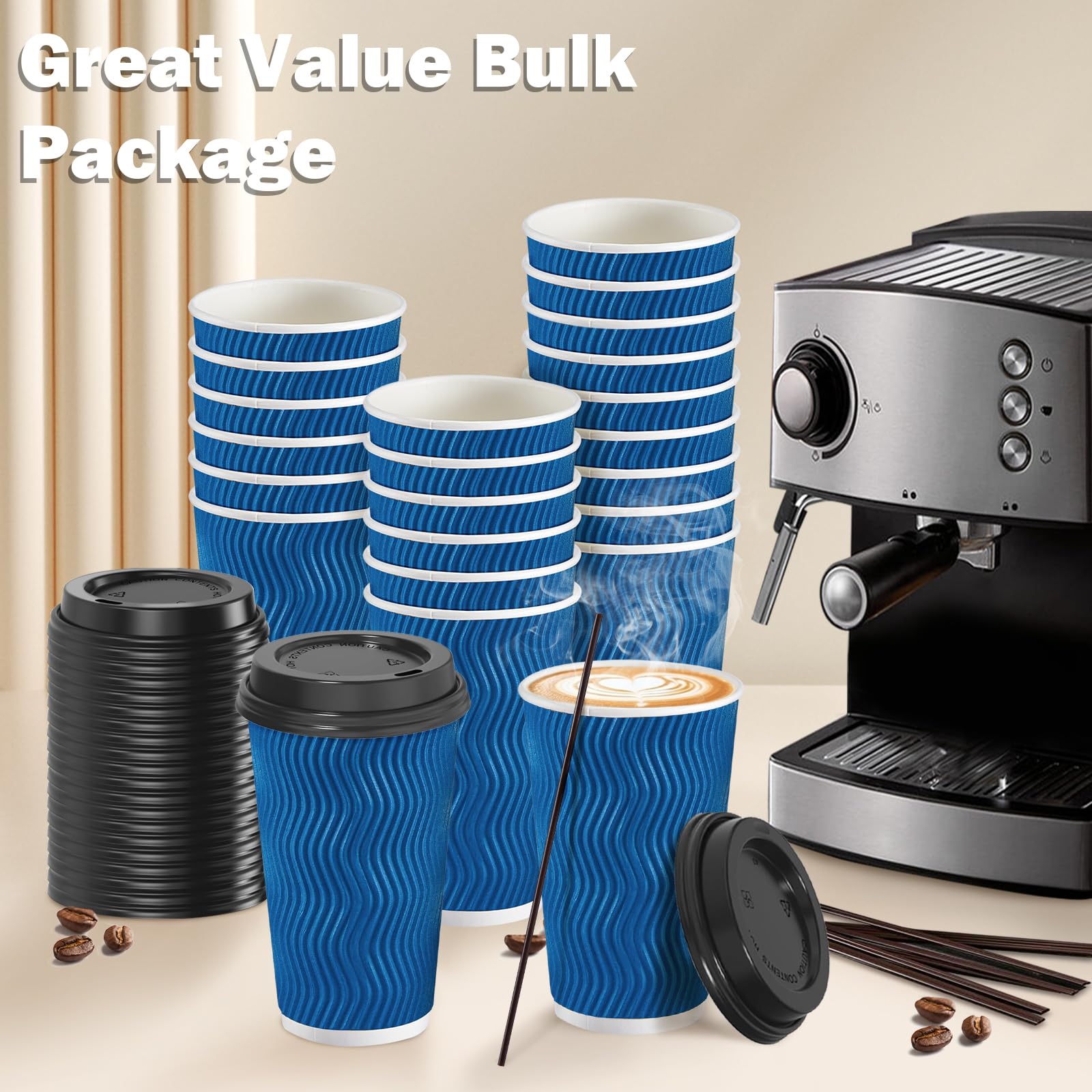 SIUQ 12 oz Coffee Cups-90 Pack Disposable Coffee Cups with Lids and Straws, Insulated Ripple Wall To Go Paper Coffee Cup for Coffee, Hot Chocolate and Hot Tea Drinks - Champagne