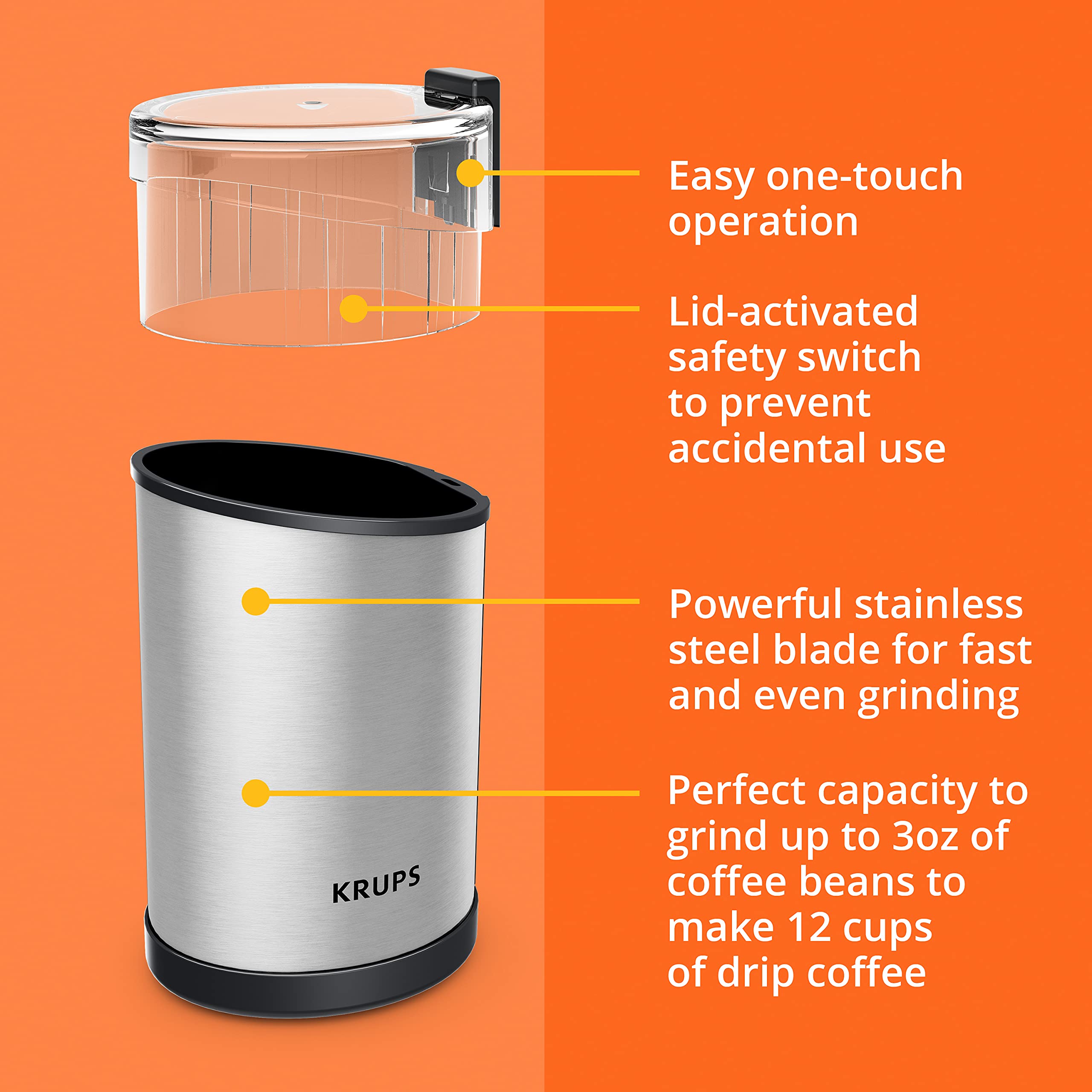 KRUPS Precision Electric Coffee Grinders, 3 oz Capacity, 200W Motor, Stainless Steel Blades for Uniform Grinding of Beans, Herb and Nuts, Coffee and Spice Grinder Electric, (Black)