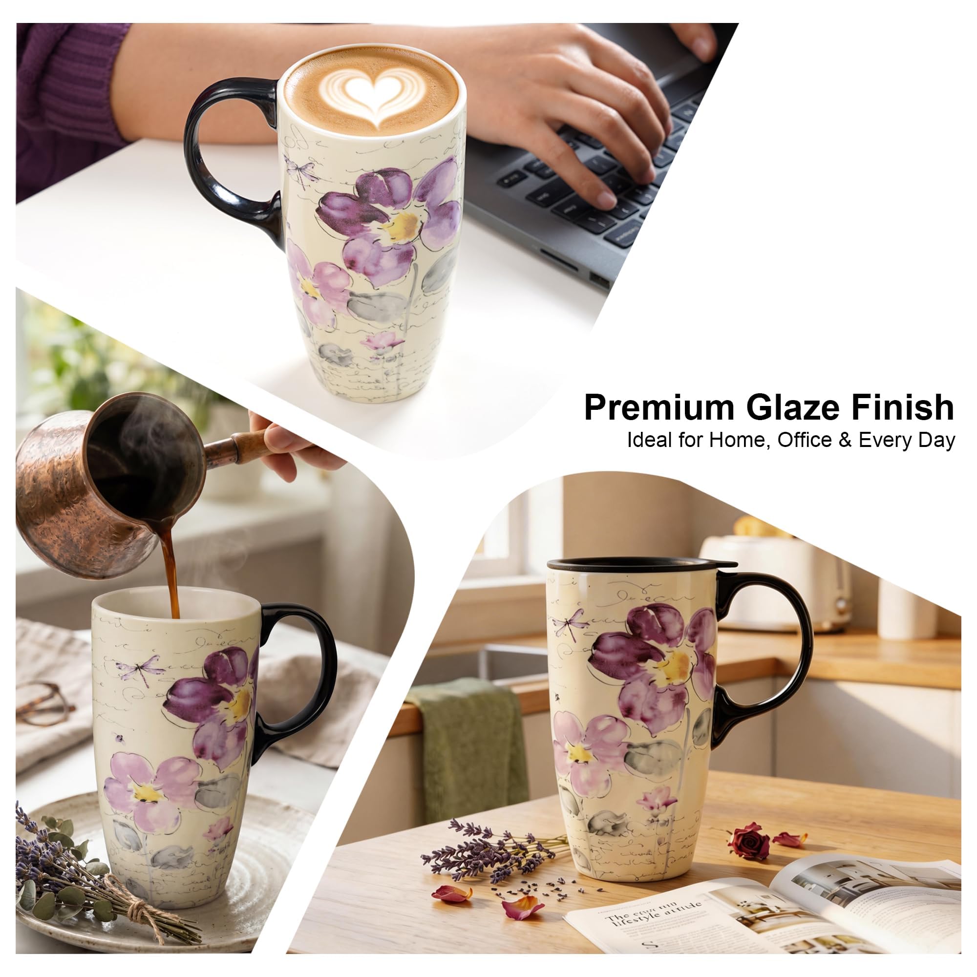 Topadorn 17oz Ceramic Travel Mug with Lid, Tall Ceramic Coffee Mug with Handle, Purple Floral Coffee Cup with Gift Box
