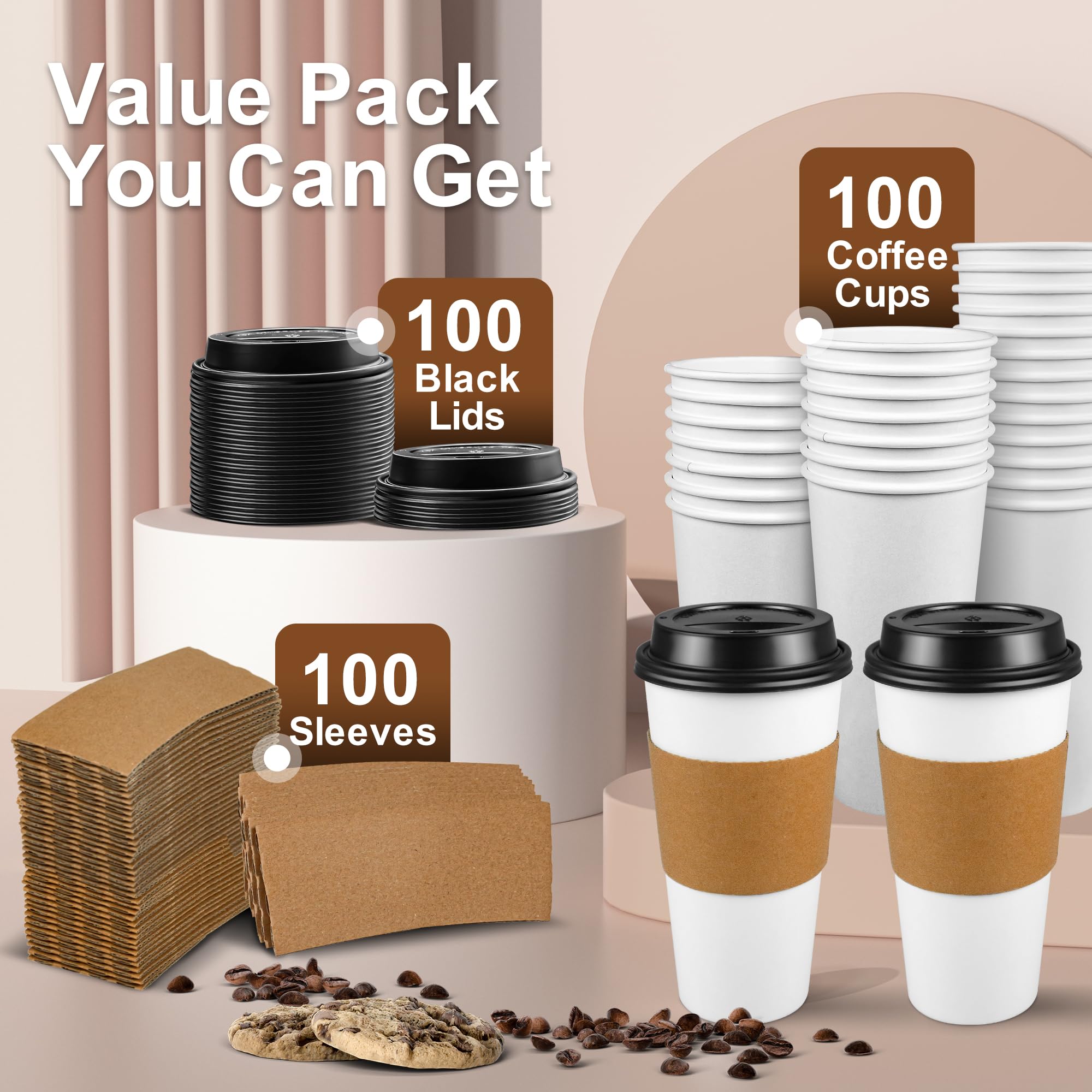 Ginkgo [100 Pack 16 oz Disposable Coffee Cups with Lids and Sleeves - To Go Coffee Cups for Hot Drinks, Chocolate, Cocoa and Coffee Bar