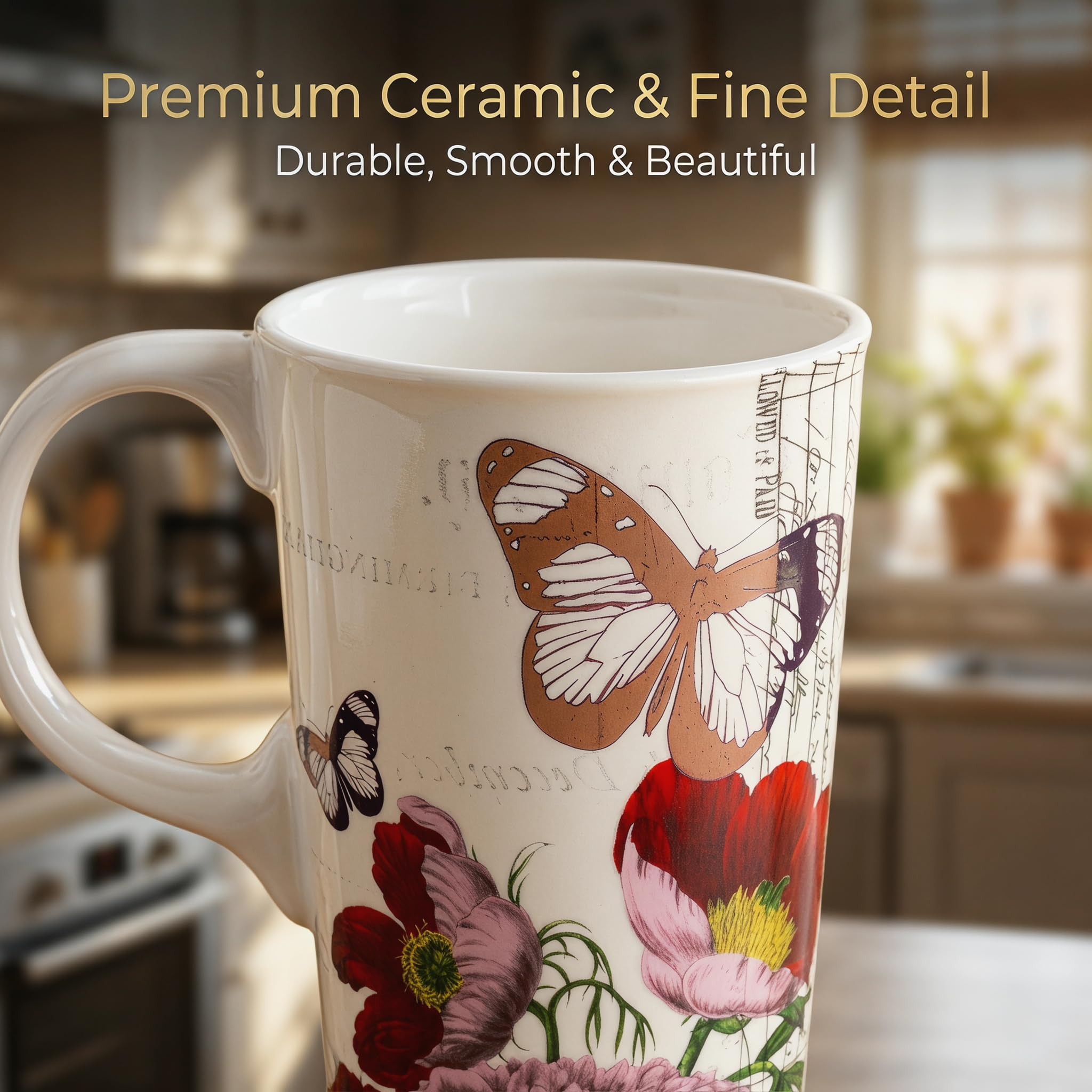 Topadorn 17oz Ceramic Travel Mug with Lid, Tall Ceramic Coffee Mug with Handle, Purple Floral Coffee Cup with Gift Box