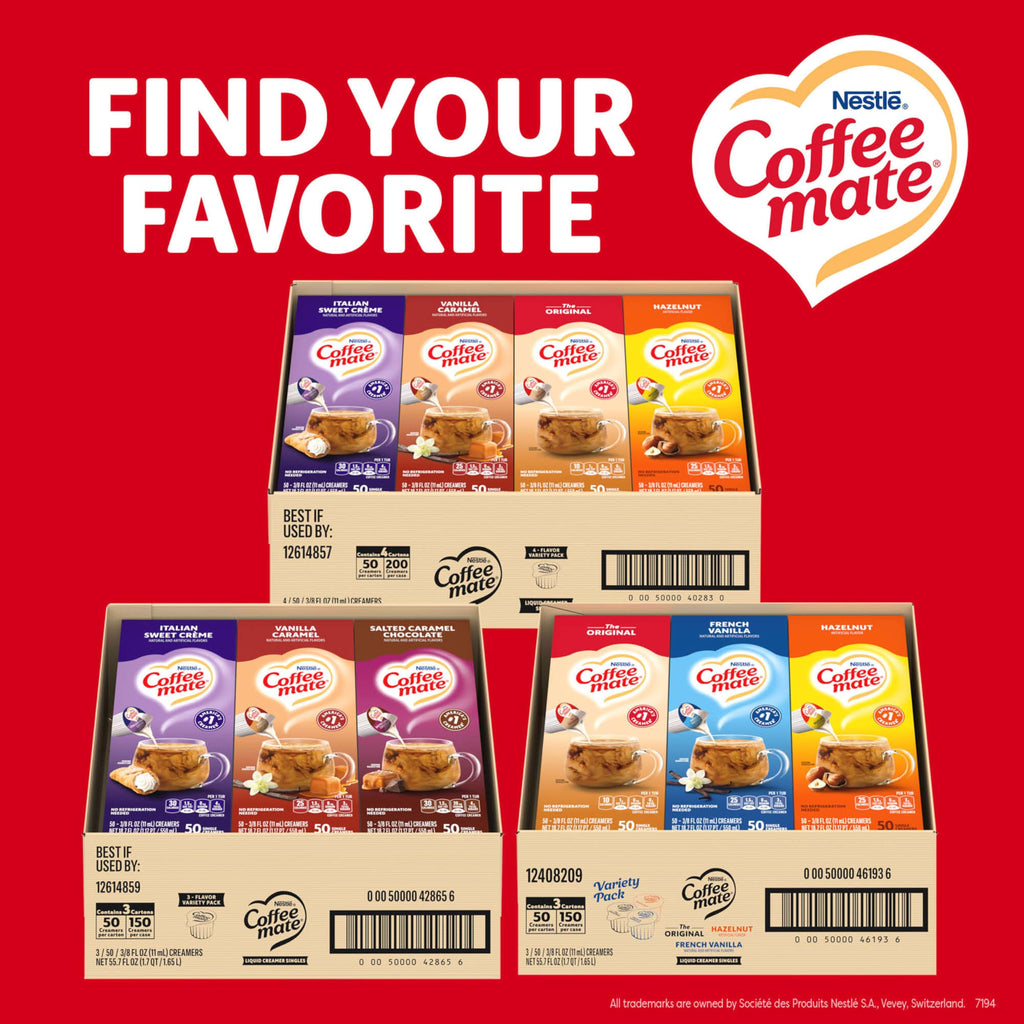 Nestle Coffee mate Creamer Singles Variety Pack, Italian Sweet Creme, Salted Caramel Chocolate, Vanilla Caramel Non Dairy, No Refrigeration, 0.375 fl oz Tubs, 150 Count (Pack of 50 Per Flavor)