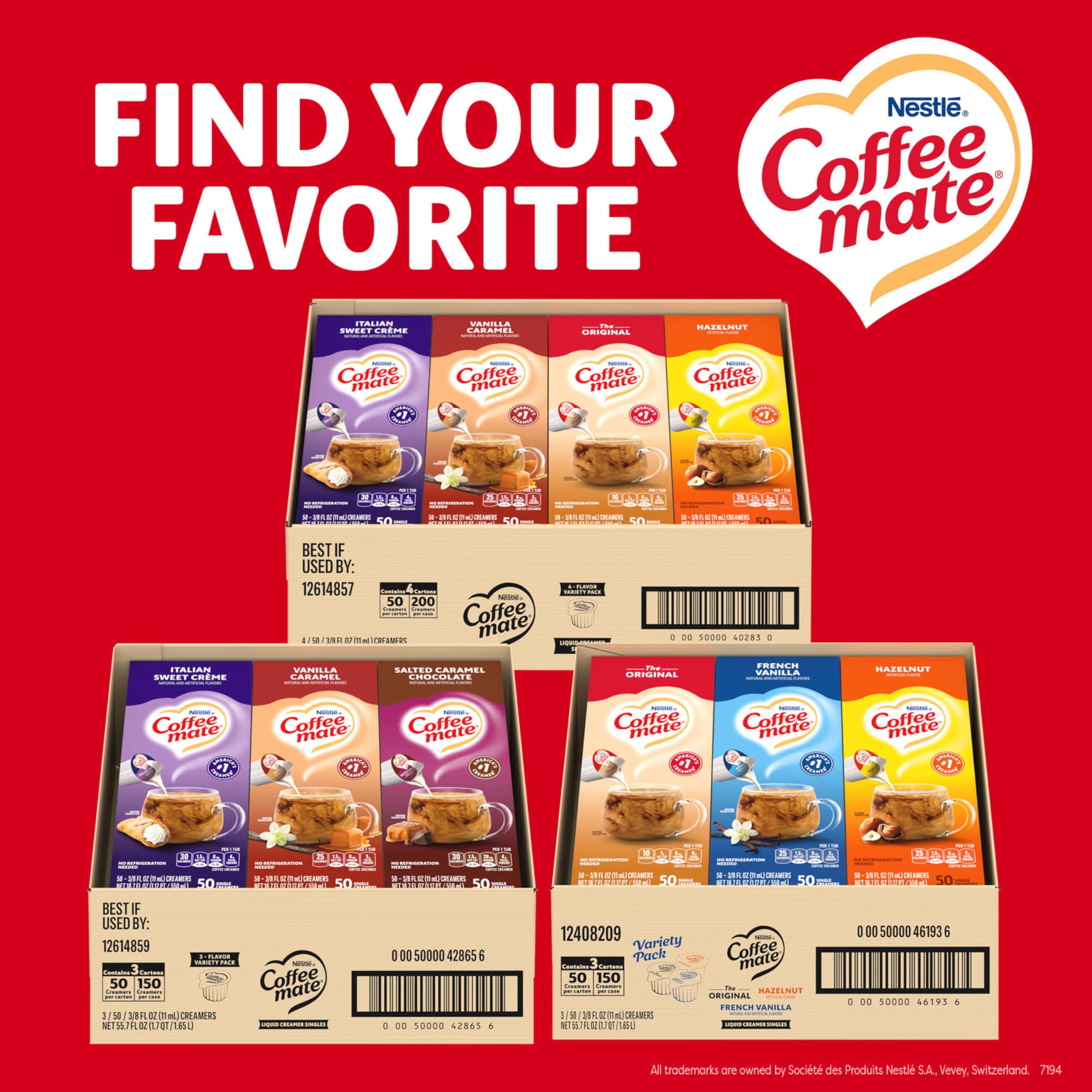 Nestle Coffee mate Creamer Singles Variety Pack, Italian Sweet Creme, Salted Caramel Chocolate, Vanilla Caramel Non Dairy, No Refrigeration, 0.375 fl oz Tubs, 150 Count (Pack of 50 Per Flavor)