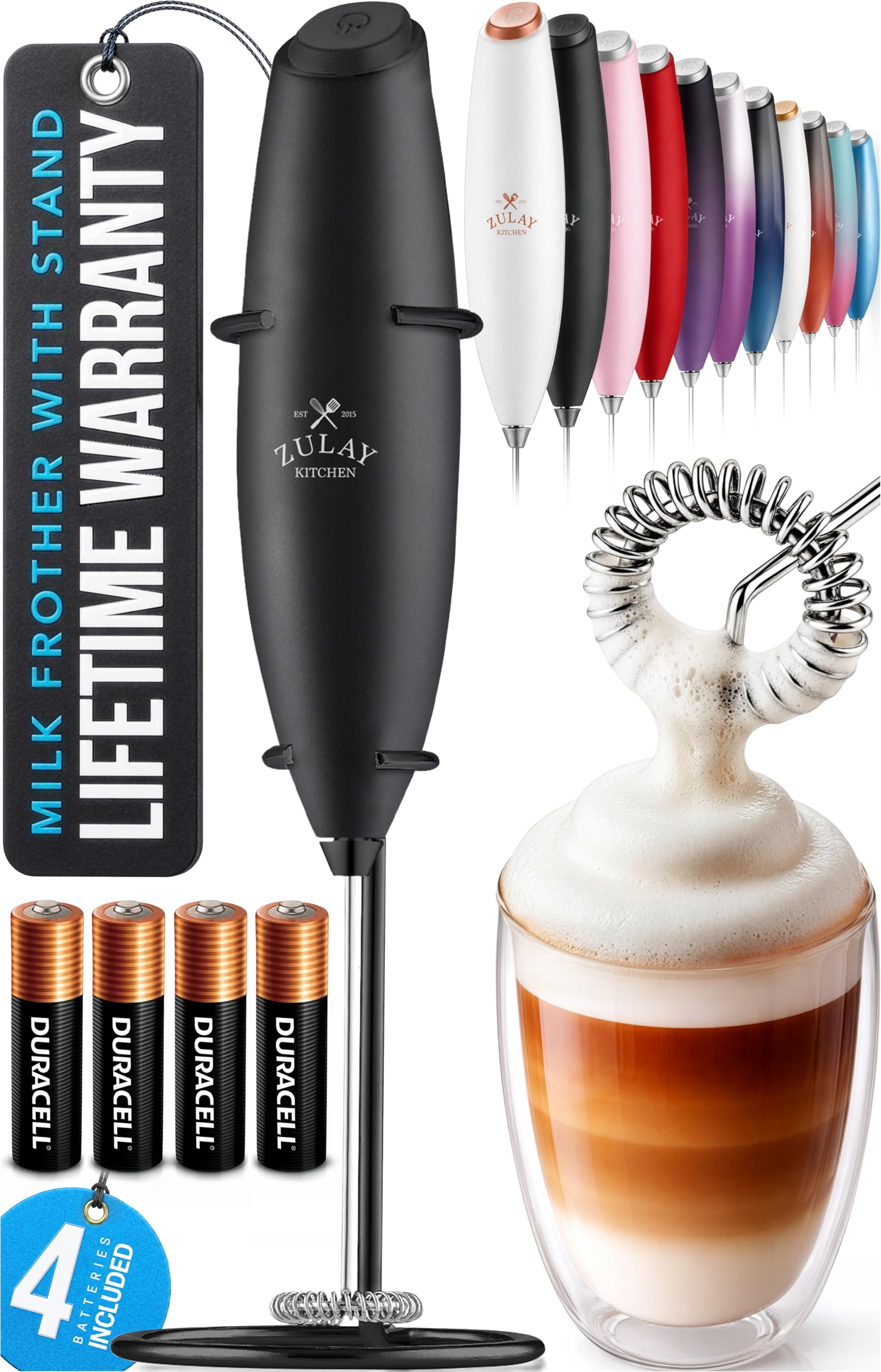 Zulay Kitchen Rechargeable Milk Frother Handheld - Frother Wand, Drink Mixer, Electric Whisk Frother, for Cappuccinos, Matcha & Protein Powder - Lux 4 Whisk 2 Speed Waterproof 2000mAh Alpha Black