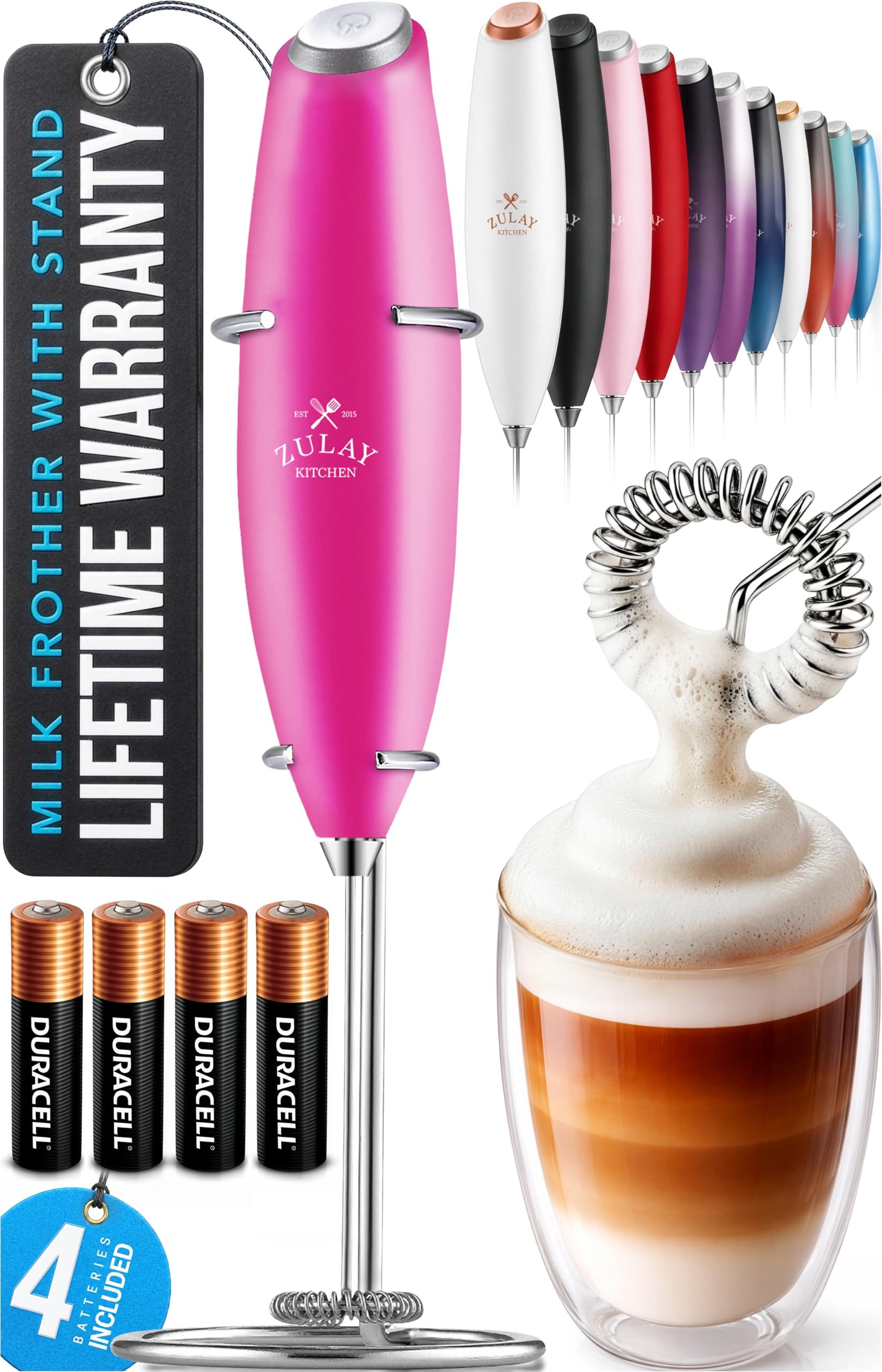 Zulay Kitchen Rechargeable Milk Frother Handheld - Frother Wand, Drink Mixer, Electric Whisk Frother, for Cappuccinos, Matcha & Protein Powder - Lux 4 Whisk 2 Speed Waterproof 2000mAh Alpha Black