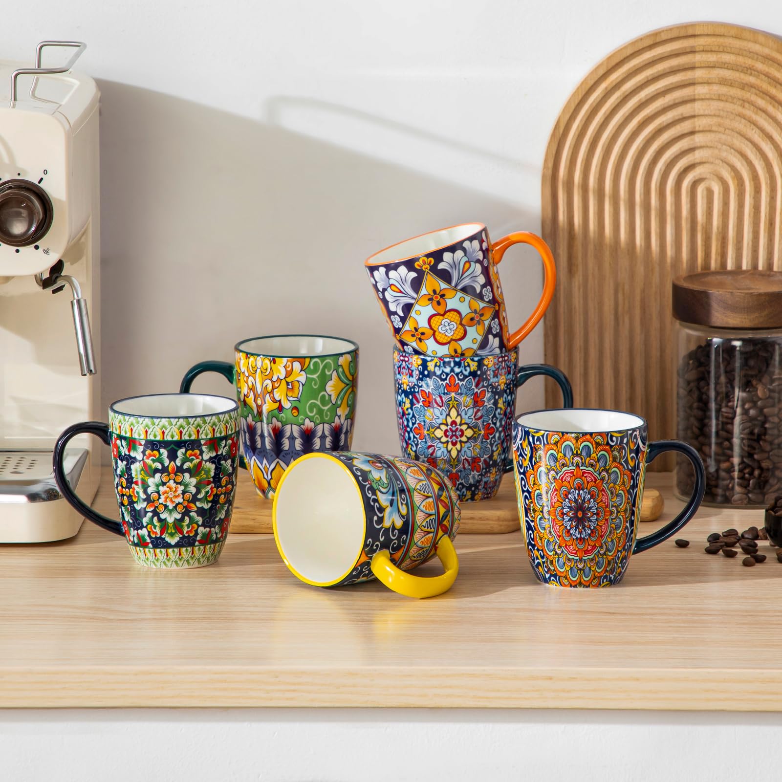vancasso SIMI 16 oz Large Coffee Mugs Set of 6 – Bohemian Ceramic Cups with Handle, Perfect for Latte, Tea, Hot Chocolate, Dishwasher & Microwave Safe Ideal Gift