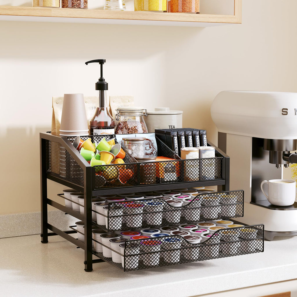 Homsorout Coffee Bar Organizer - Coffee Station for Countertop, Metal and Wood K Cup holder Storage Basket for Coffee Pods, Syrup, Cups, Stirrer, Coffee Condiment, Tea Organizer, Black and Brown