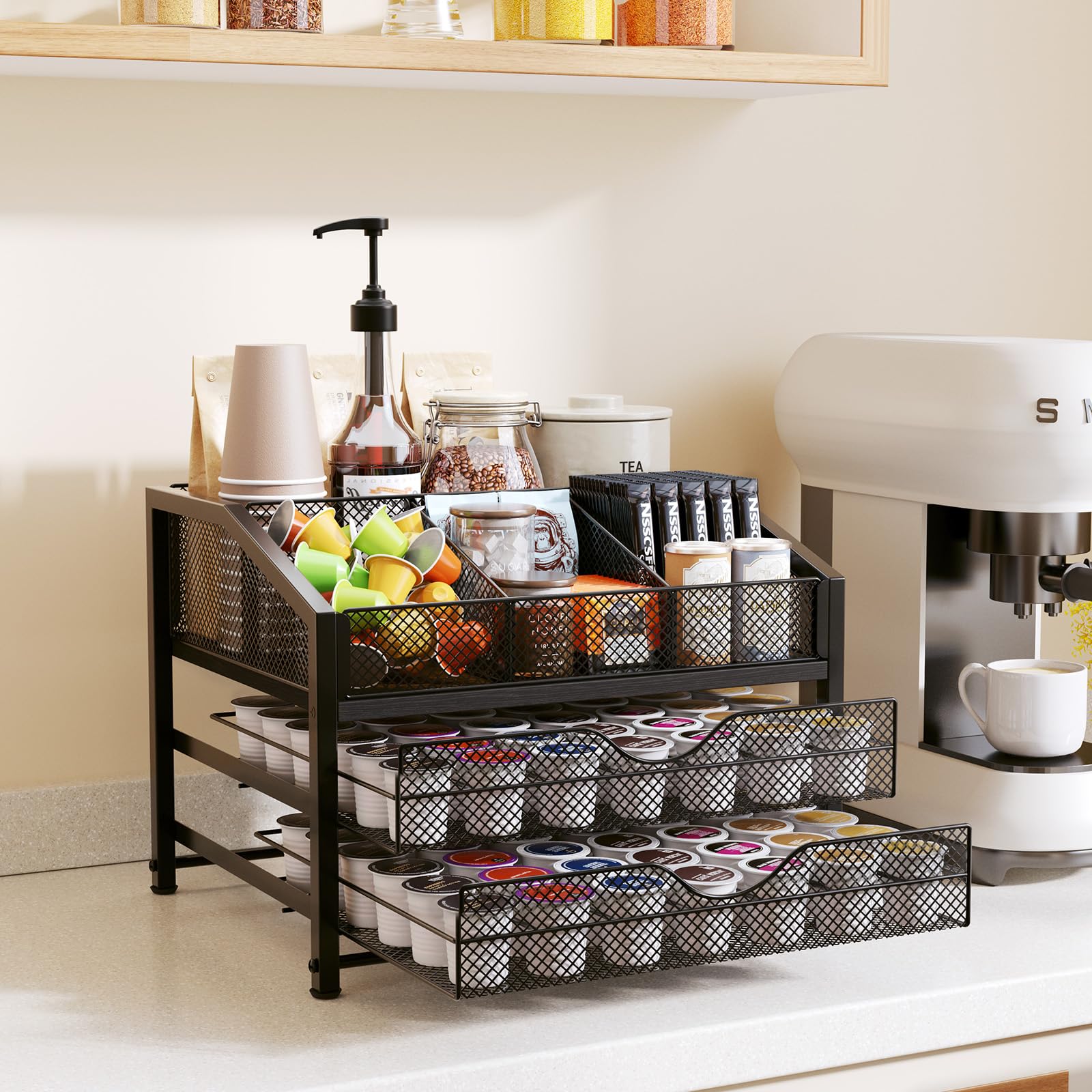 Homsorout Coffee Bar Organizer - Coffee Station for Countertop, Metal and Wood K Cup holder Storage Basket for Coffee Pods, Syrup, Cups, Stirrer, Coffee Condiment, Tea Organizer, Black and Brown