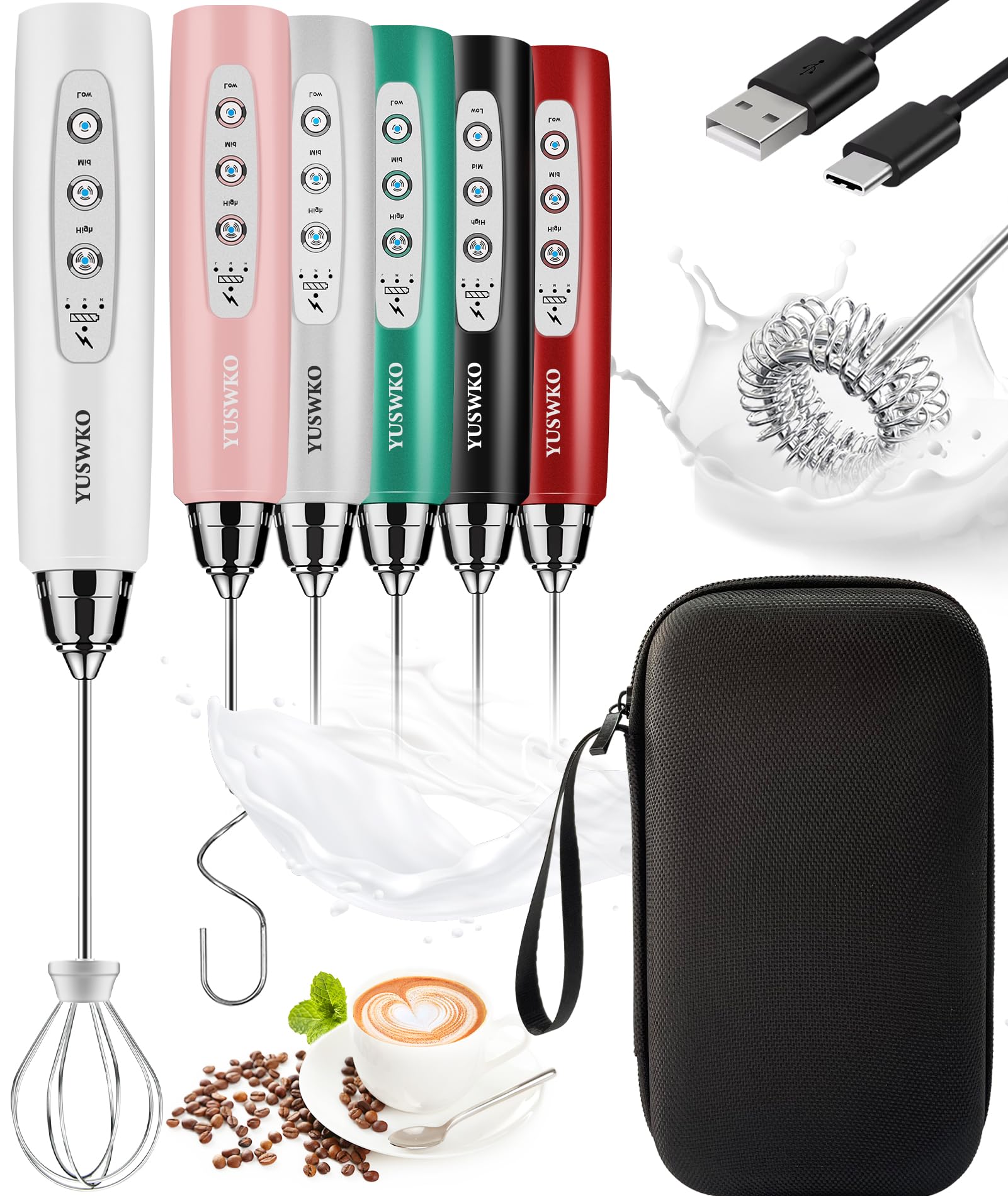 YUSWKO Black Handheld Milk Frother Wand for Coffee, Rechargeable Electric Whisk with 3 Heads 3 Speeds Drink Mixer Coffee Frother For Latte, Cappuccino, Hot Chocolate, Egg