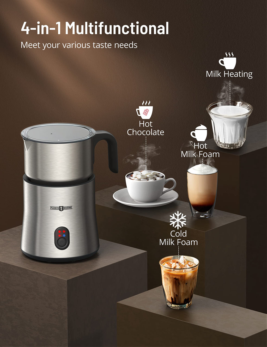 Electric Milk Frother, Paris Rhône 4-in-1 Milk Steamer and Frother, Hot & Cold Foam Milk Warmer with Temperature Control, Auto Shut-Off Frothers for Coffee, Latte,Macchiato, Cappuccino