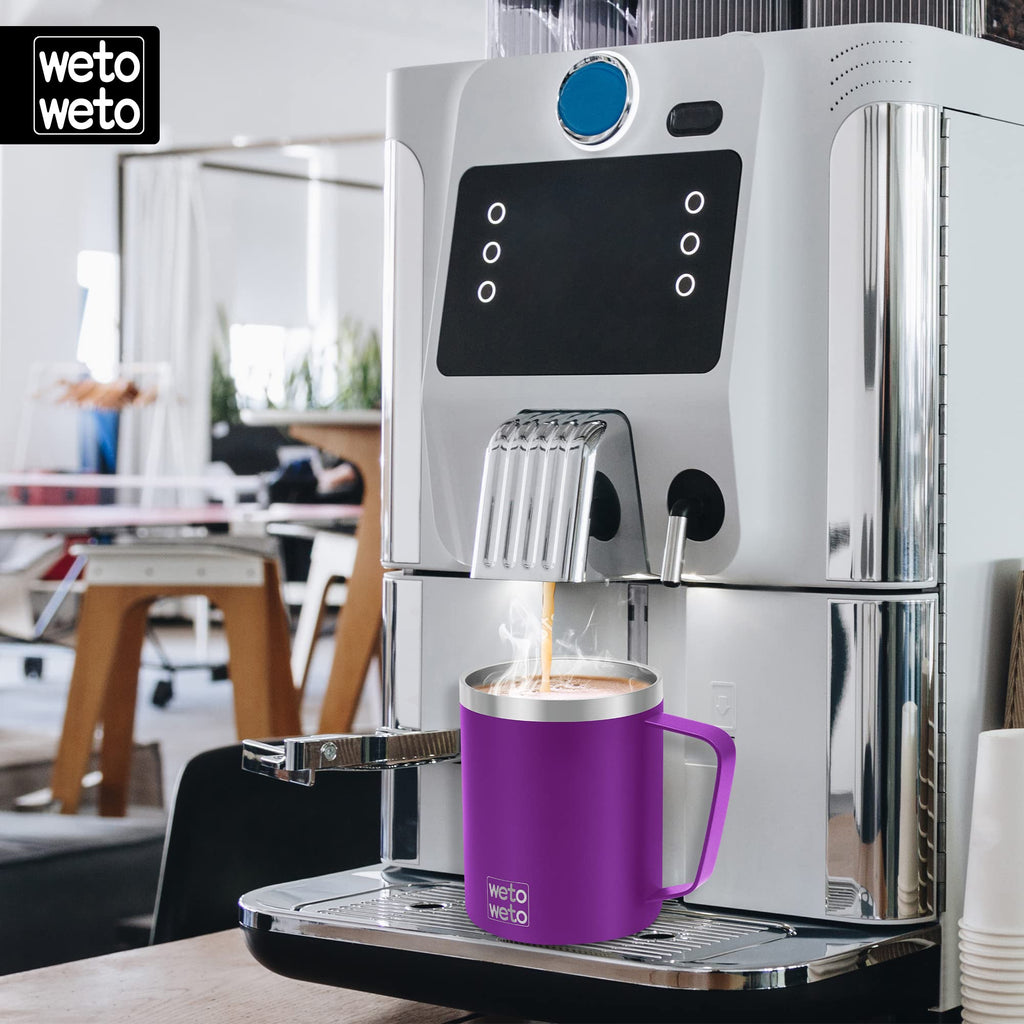 WETOWETO Coffee Mug with Handle, 14oz Insulated Stainless Steel Coffee Travel Mug, Double Wall Vacuum Reusable Coffee Cup with Lid, Powder Coated Rose Gold