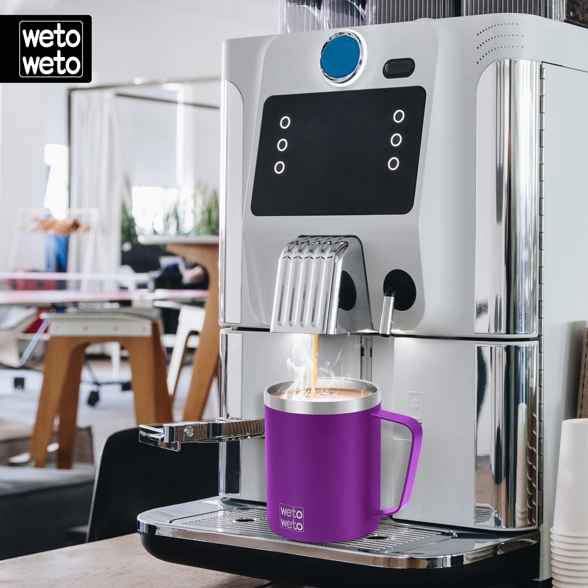 WETOWETO Coffee Mug with Handle, 14oz Insulated Stainless Steel Coffee Travel Mug, Double Wall Vacuum Reusable Coffee Cup with Lid, Powder Coated Rose Gold