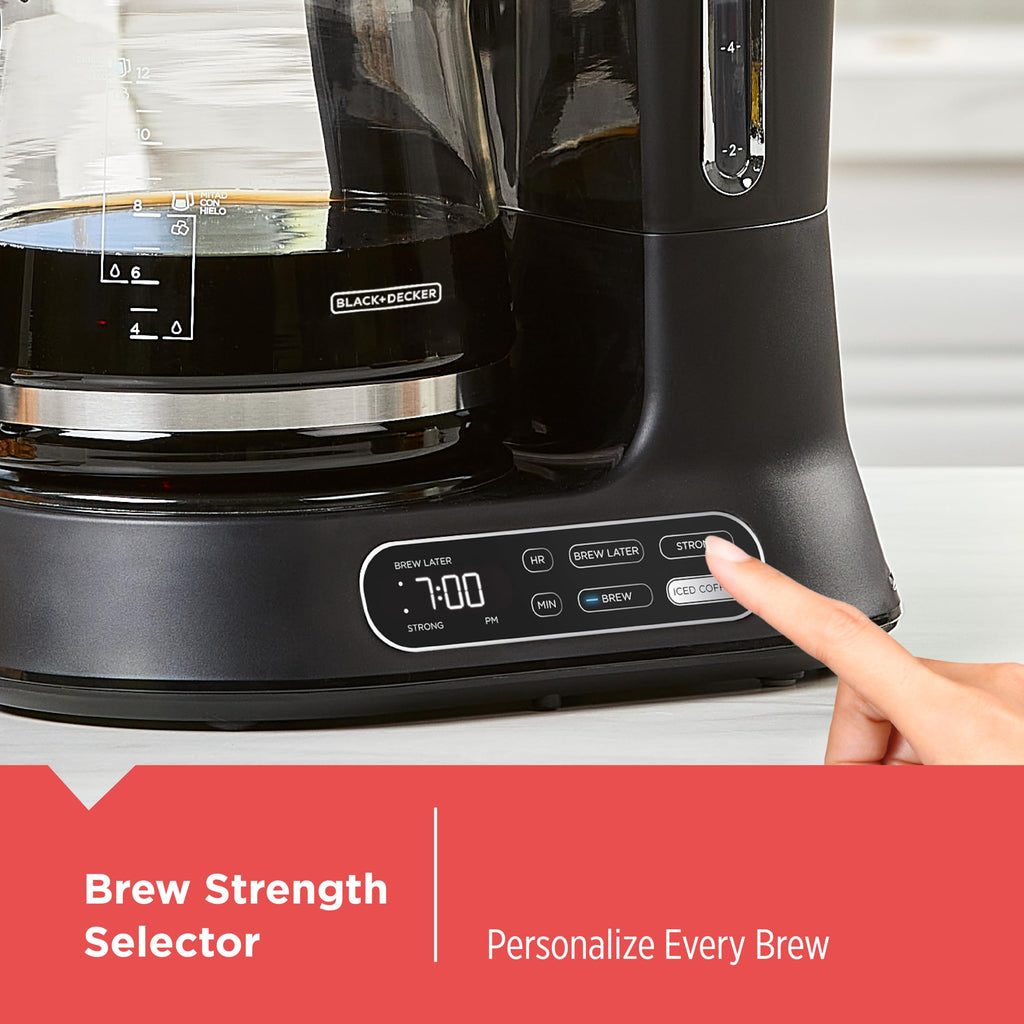 BLACK+DECKER 12-Cup Digital Coffee Maker, Programmable, Washable Basket Filter, Sneak-A-Cup, Auto Brew, Water Window, Keep Hot Plate, Black