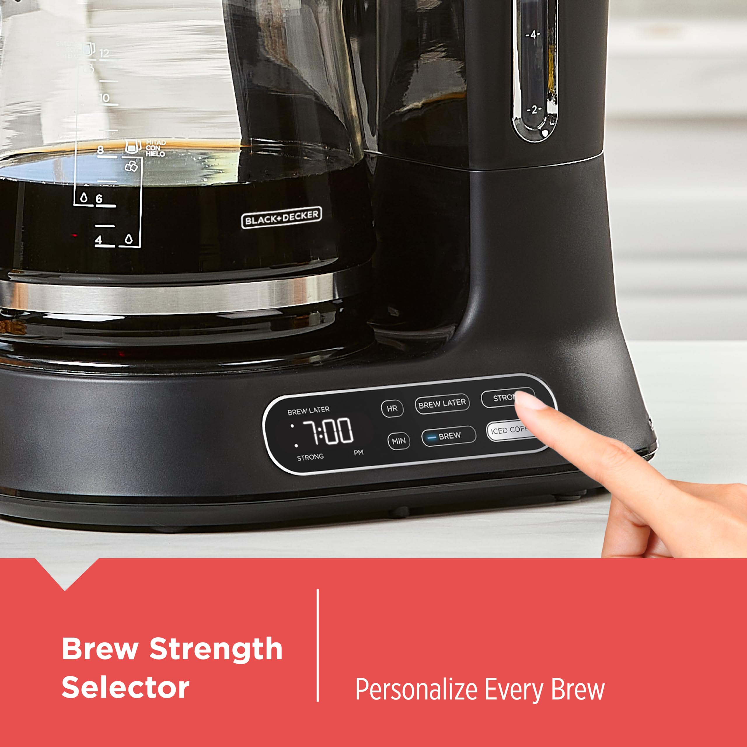 BLACK+DECKER 12-Cup Digital Coffee Maker, Programmable, Washable Basket Filter, Sneak-A-Cup, Auto Brew, Water Window, Keep Hot Plate, Black