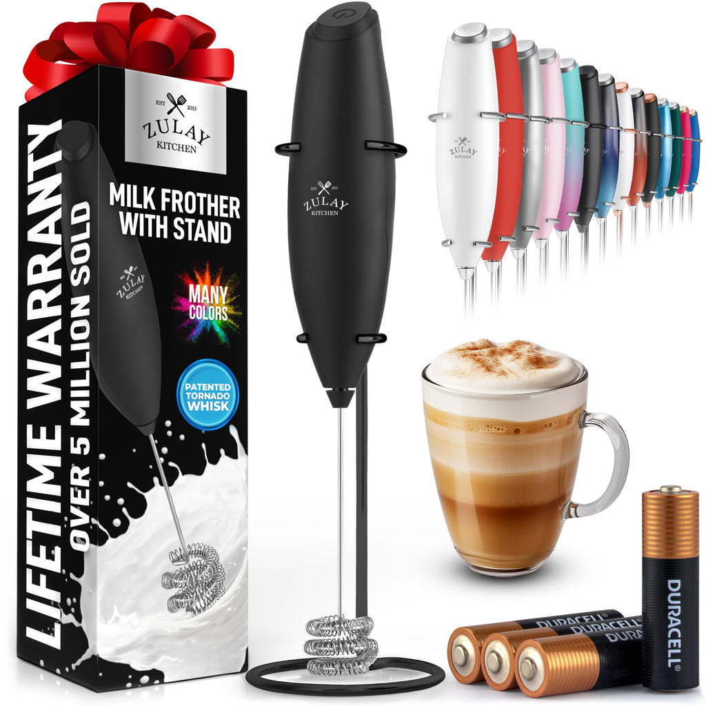 Zulay Kitchen Rechargeable Milk Frother Handheld - Frother Wand, Drink Mixer, Electric Whisk Frother, for Cappuccinos, Matcha & Protein Powder - Lux 4 Whisk 2 Speed Waterproof 2000mAh Alpha Black