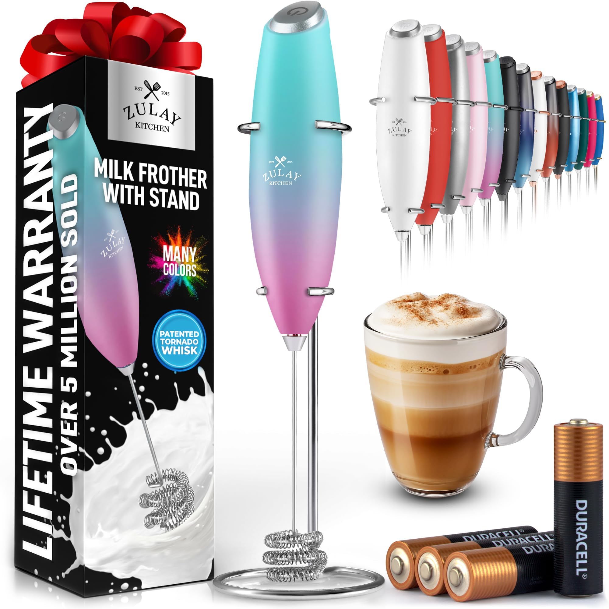 Zulay Kitchen Rechargeable Milk Frother Handheld - Frother Wand, Drink Mixer, Electric Whisk Frother, for Cappuccinos, Matcha & Protein Powder - Lux 4 Whisk 2 Speed Waterproof 2000mAh Alpha Black