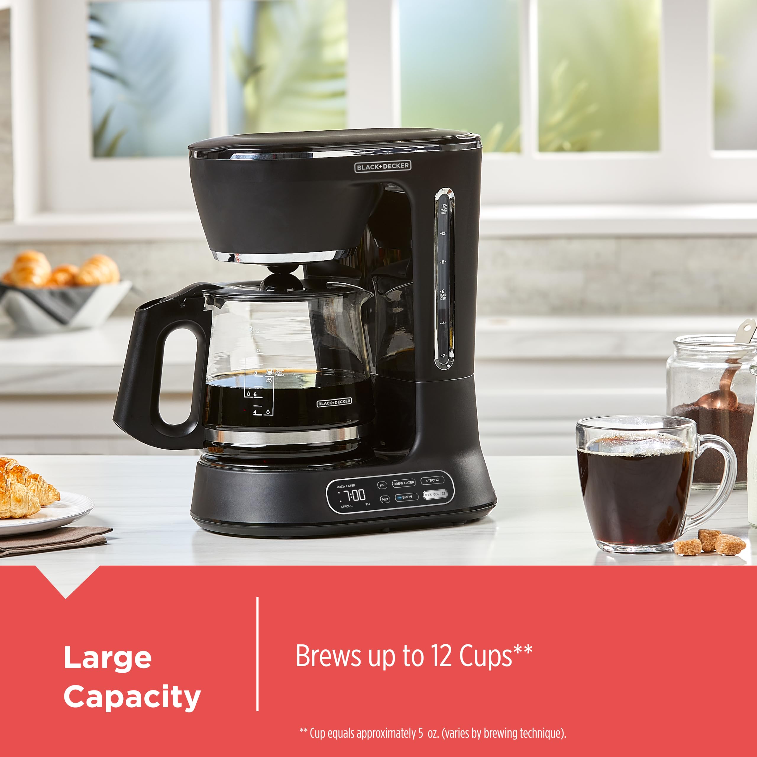 BLACK+DECKER 12-Cup Digital Coffee Maker, Programmable, Washable Basket Filter, Sneak-A-Cup, Auto Brew, Water Window, Keep Hot Plate, Black