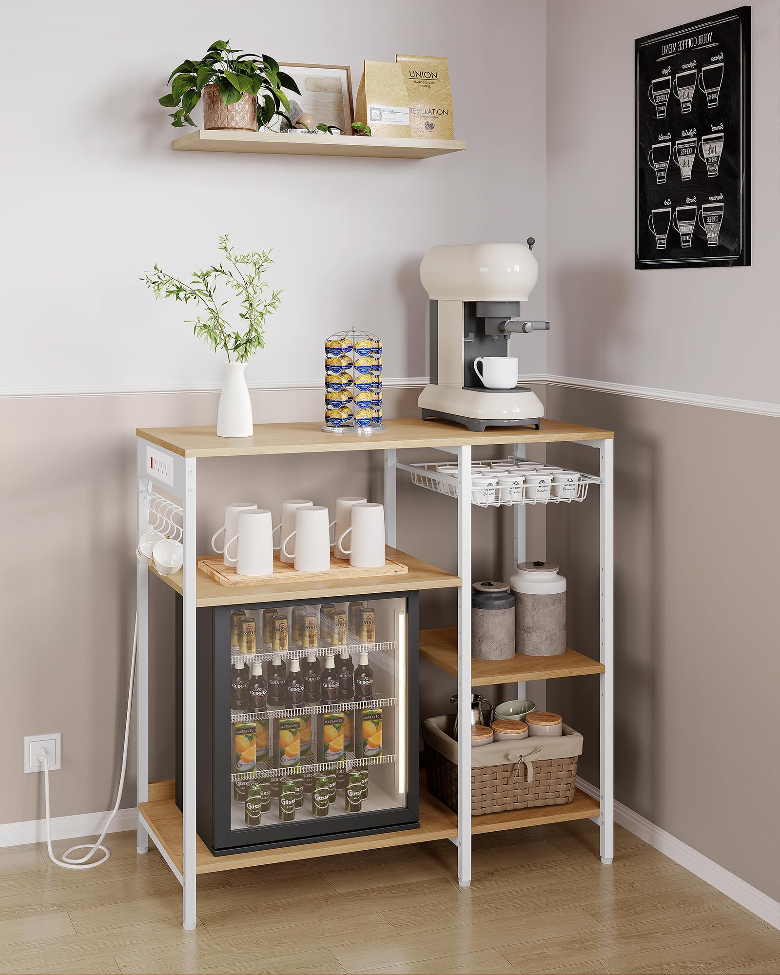 VASAGLE Baker's Rack, Coffee Bar Stand with Charging Station, 35.6 Inches Tall, Storage Shelves, Pull-Out Wire Basket, Table for Microwave, Kitchen, Rustic Brown and Ink Black UKKS036K01