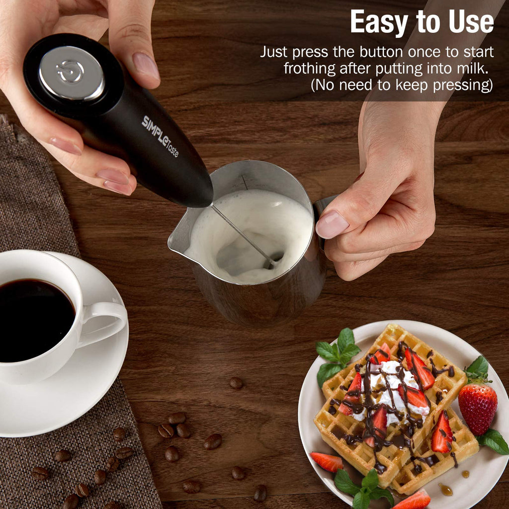SIMPLETASTE Milk Frother Handheld Electric Foam Maker, Drink Mixer with Stainless Steel Whisk for Cappuccino, Bulletproof Coffee, Latte, Gray, with Stand, Battery Operated