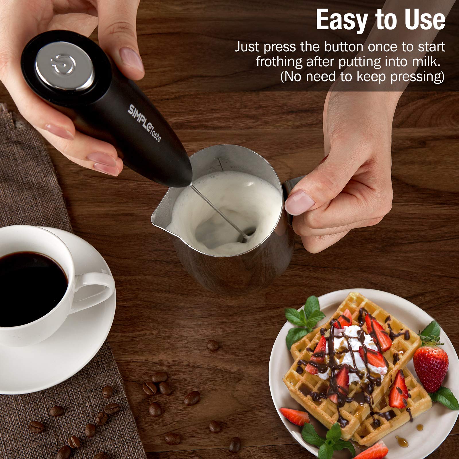 SIMPLETASTE Milk Frother Handheld Electric Foam Maker, Drink Mixer with Stainless Steel Whisk for Cappuccino, Bulletproof Coffee, Latte, Gray, with Stand, Battery Operated