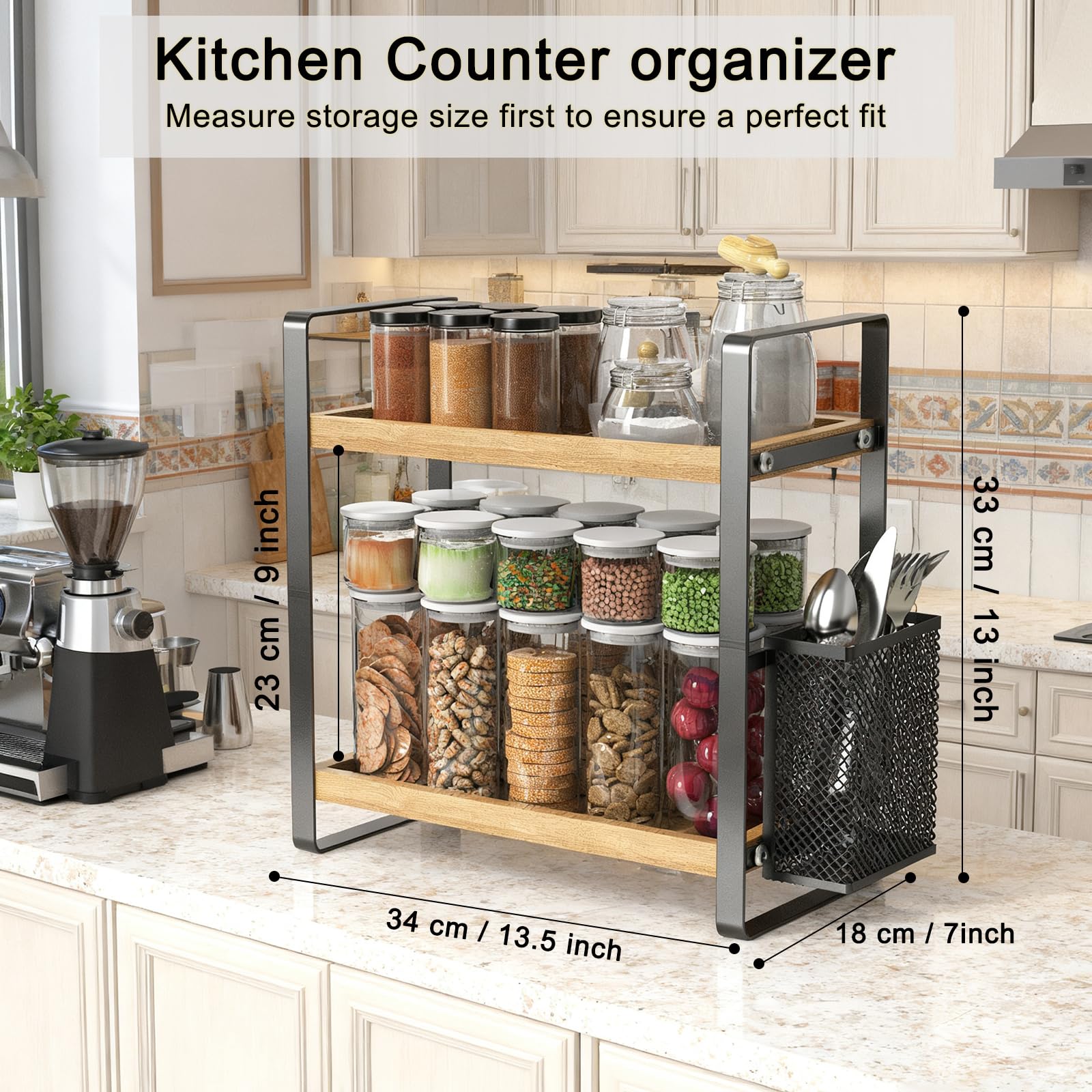 LEMIKKLE Coffee Station Organizer with Pod Holder and Drawer, Kitchen Countertop Organizer, Coffee Bar Accessories Station with Coffee Pod Storage, 2-Tier Wood Coffee Organizer With 6 Hooks