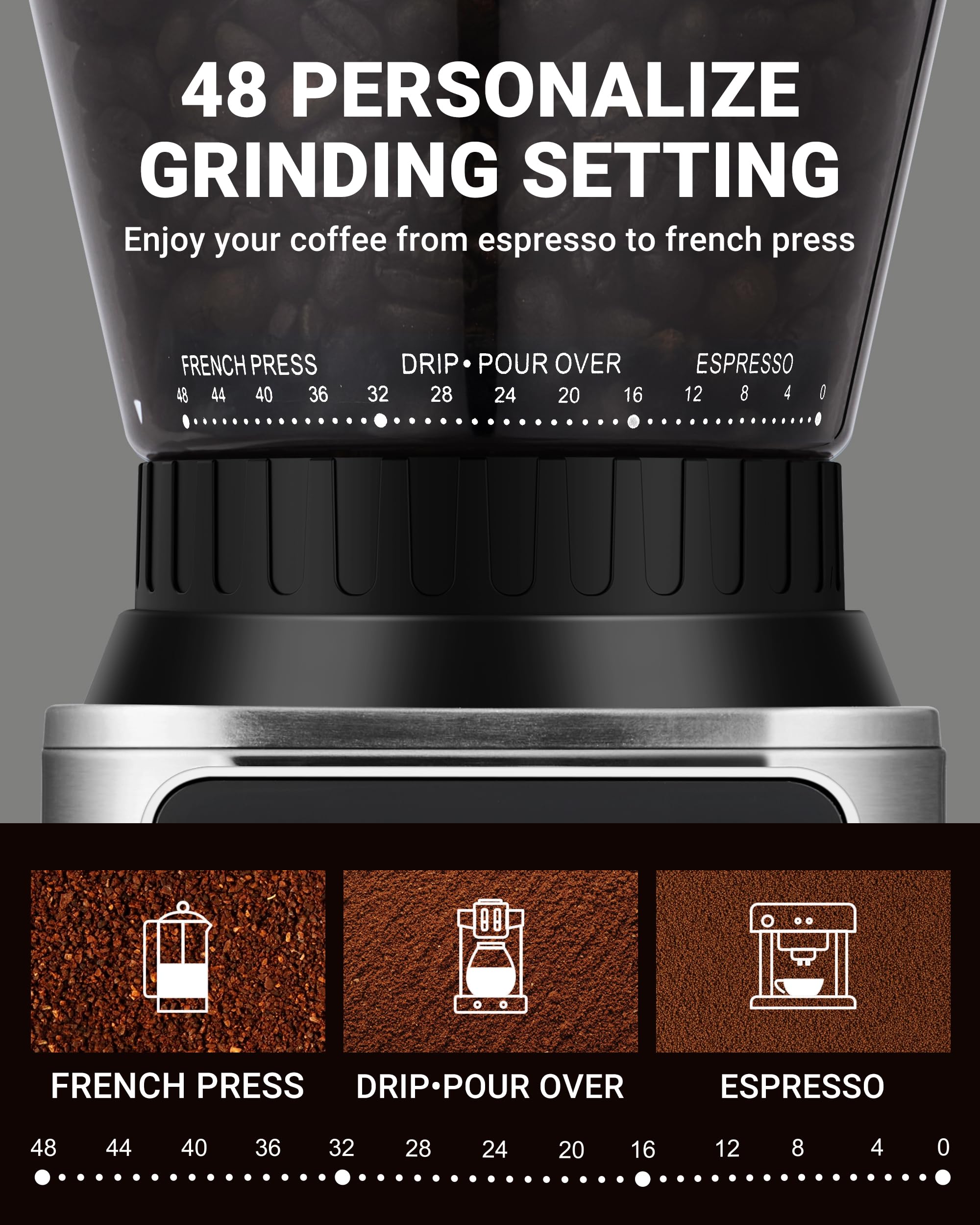 AMZCHEF Coffee Grinder, Coffee Bean Grinder for Home Use with Precise Grinding, LED Control Panel, Detachable Funnel Stand, Anti-static Design, 48 Grind Settings, Silver