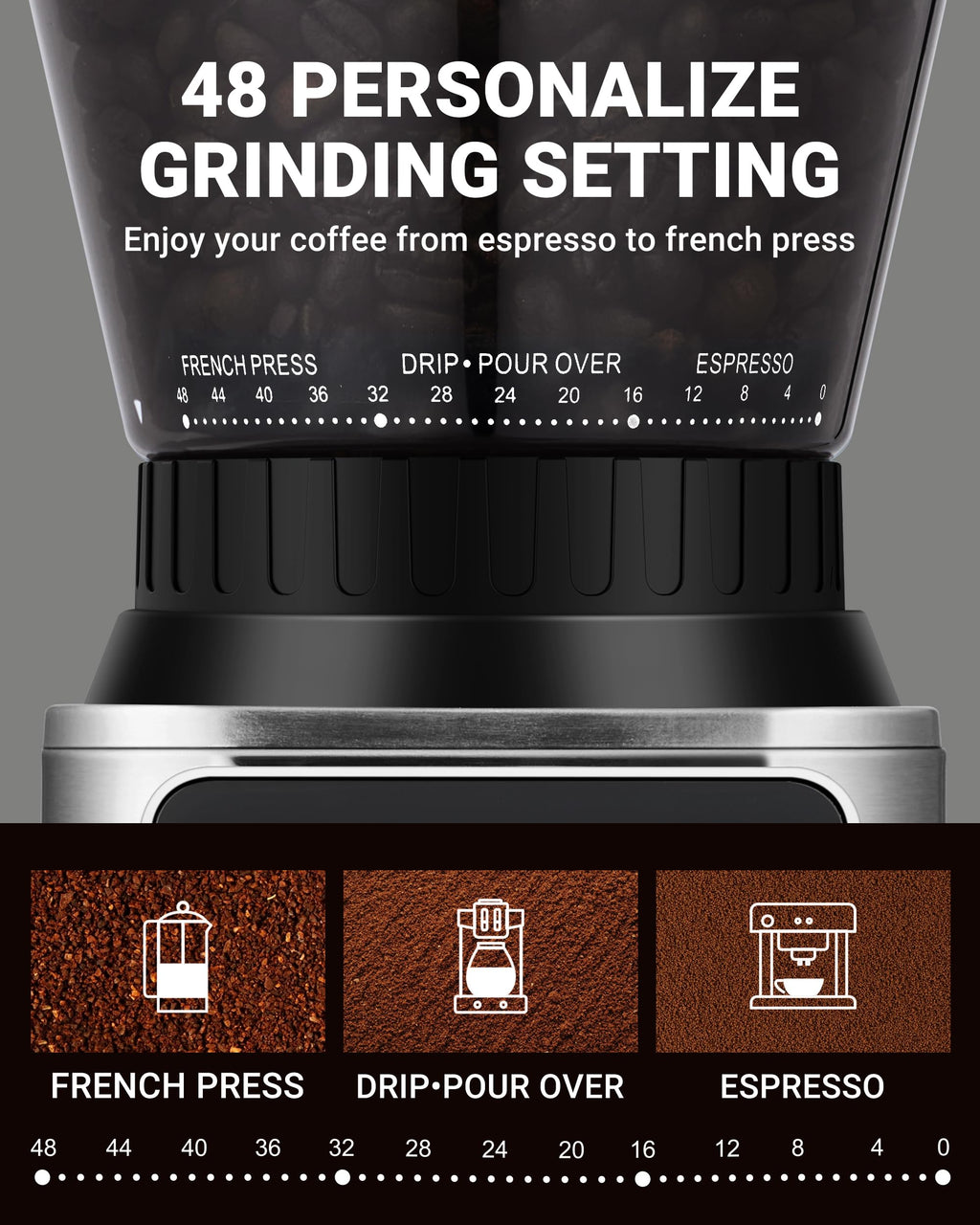 AMZCHEF Coffee Grinder, Coffee Bean Grinder for Home Use with Precise Grinding, LED Control Panel, Detachable Funnel Stand, Anti-static Design, 48 Grind Settings, Silver