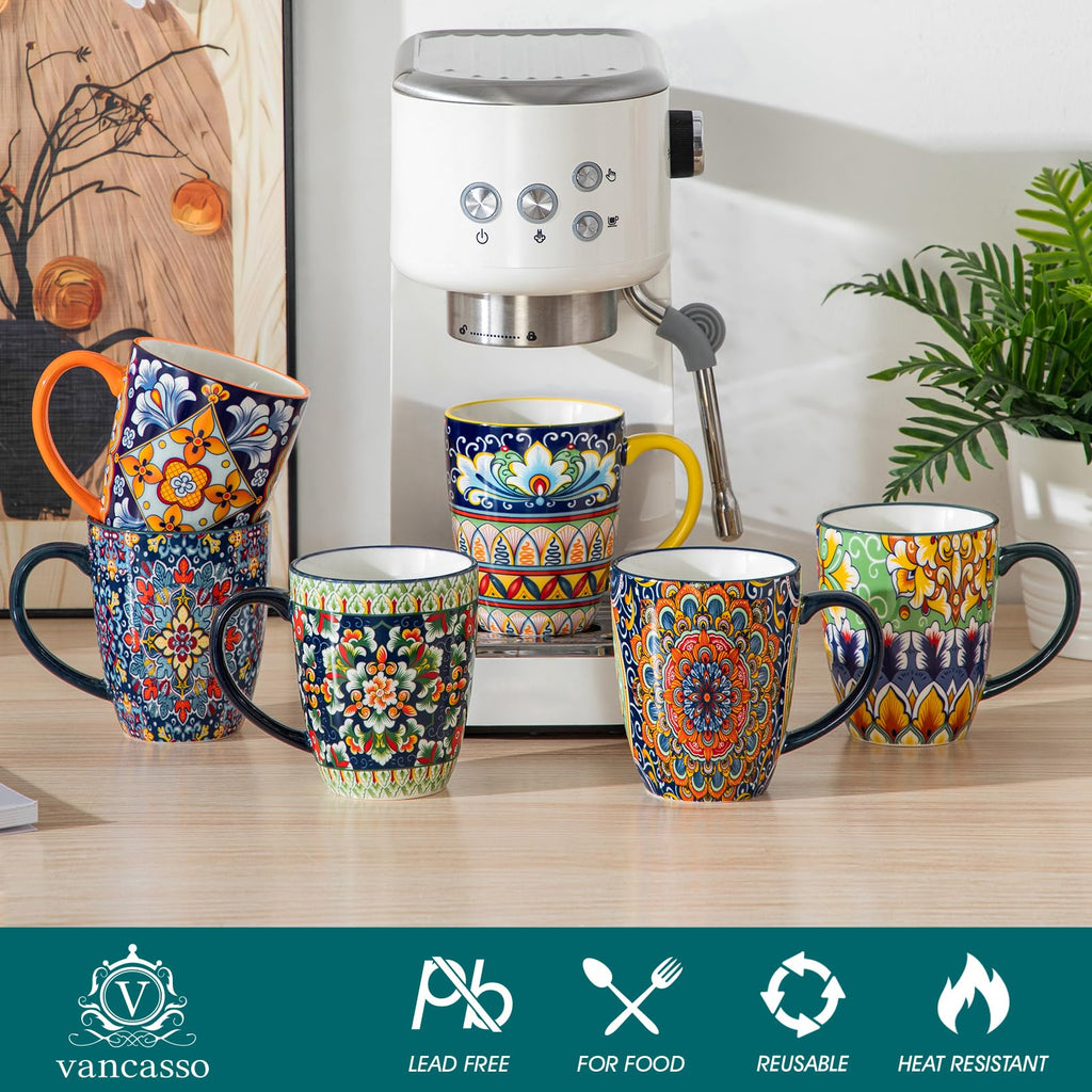 vancasso SIMI 16 oz Large Coffee Mugs Set of 6 – Bohemian Ceramic Cups with Handle, Perfect for Latte, Tea, Hot Chocolate, Dishwasher & Microwave Safe Ideal Gift