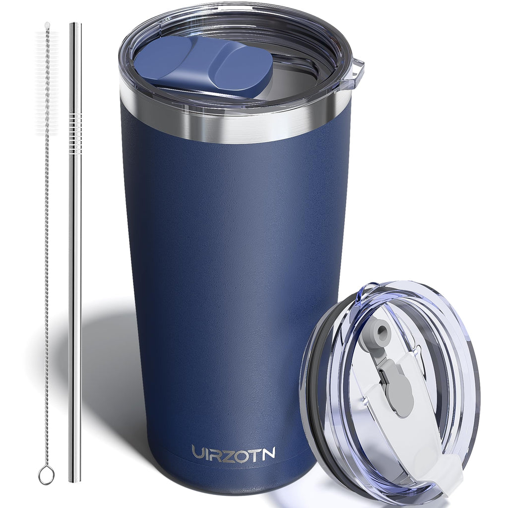 Travel Coffee Tumbler 20oz, Travel Coffee Mug with Dual Lids and Straw, Stainless Steel Double Wall Vacuum Insulated Tumbler for Hot/Iced Drinks (Textured Matte, Navy Blue)