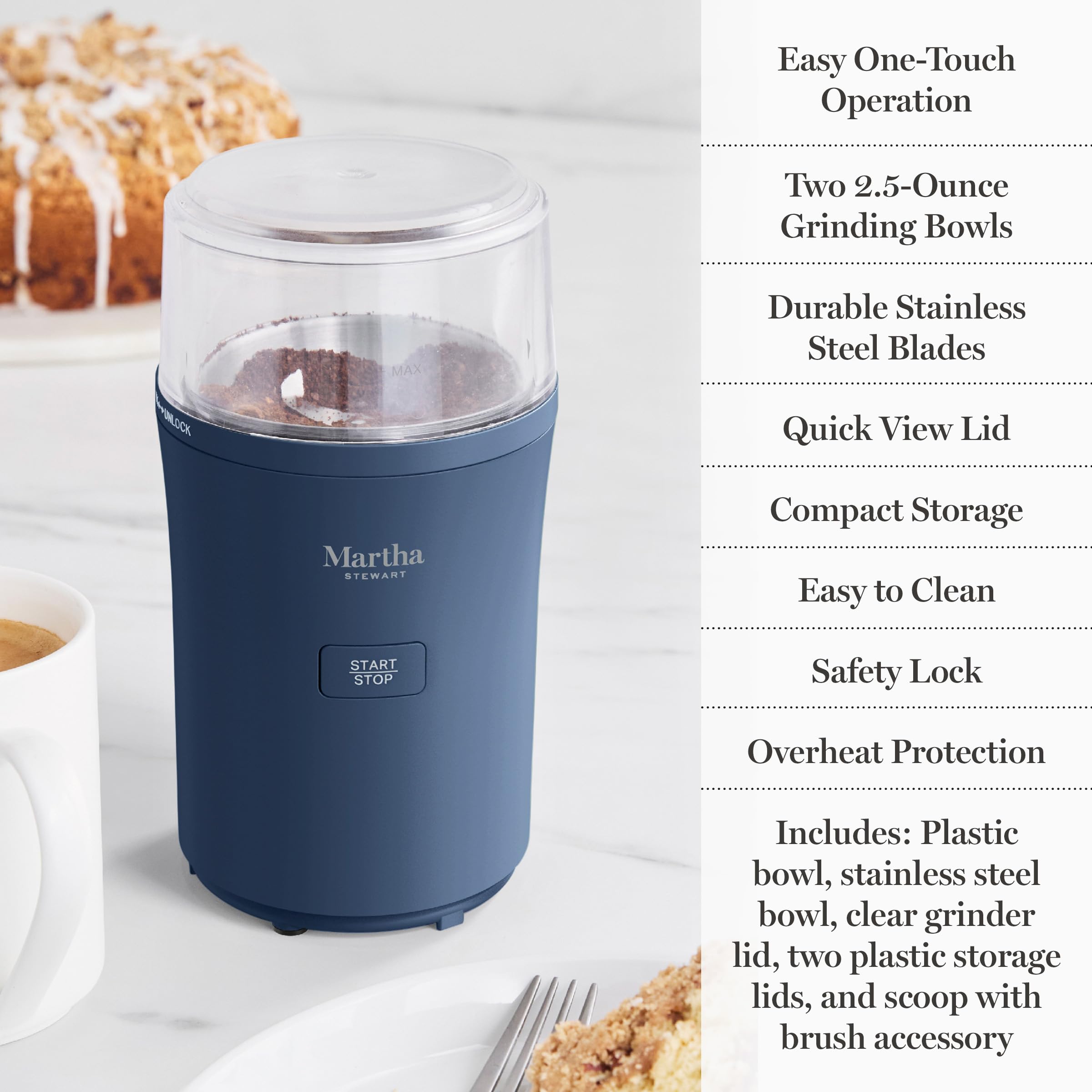 Martha Stewart Electric Coffee & Spice Grinder, Dual 2.5oz Removable Bowls, Storage Lids, Stainless Steel Blades, One Touch Pulse Control, 2-in-1 Compact, Beans & Spices, Herbs & Nuts, Honeydew Green