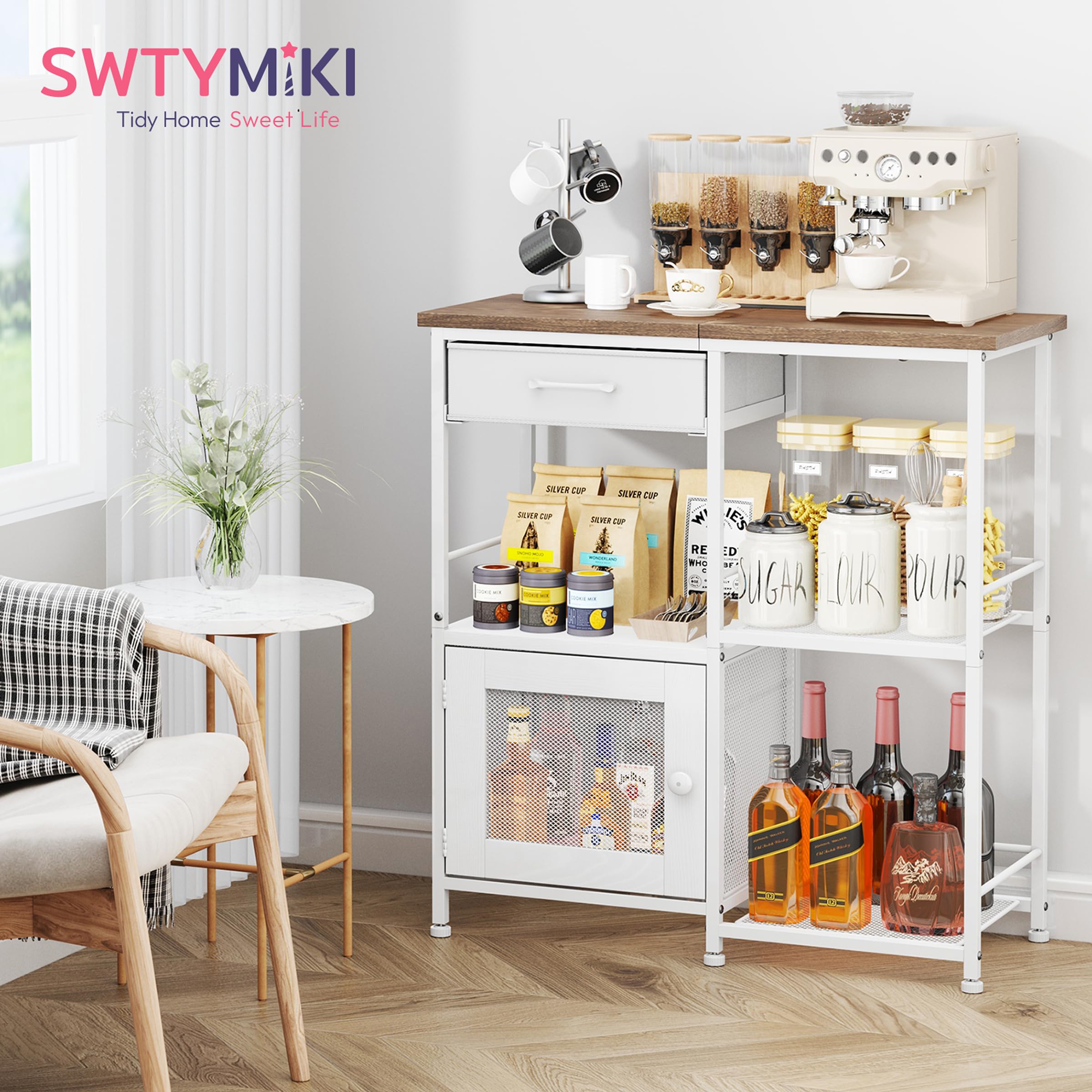 SWTYMIKI Coffee Bar Cabinet for Home - Farmhouse Coffee Stand Station Multi-Purpose Buffet Sideboard Cabinet with Drawers - Kitchen Bar Table for Living Room, Corner, Small Space, Espresso