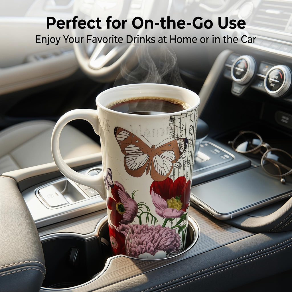 Topadorn 17oz Ceramic Travel Mug with Lid, Tall Ceramic Coffee Mug with Handle, Purple Floral Coffee Cup with Gift Box