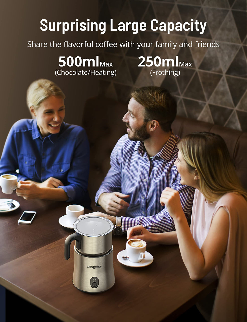 Electric Milk Frother, Paris Rhône 4-in-1 Milk Steamer and Frother, Hot & Cold Foam Milk Warmer with Temperature Control, Auto Shut-Off Frothers for Coffee, Latte,Macchiato, Cappuccino
