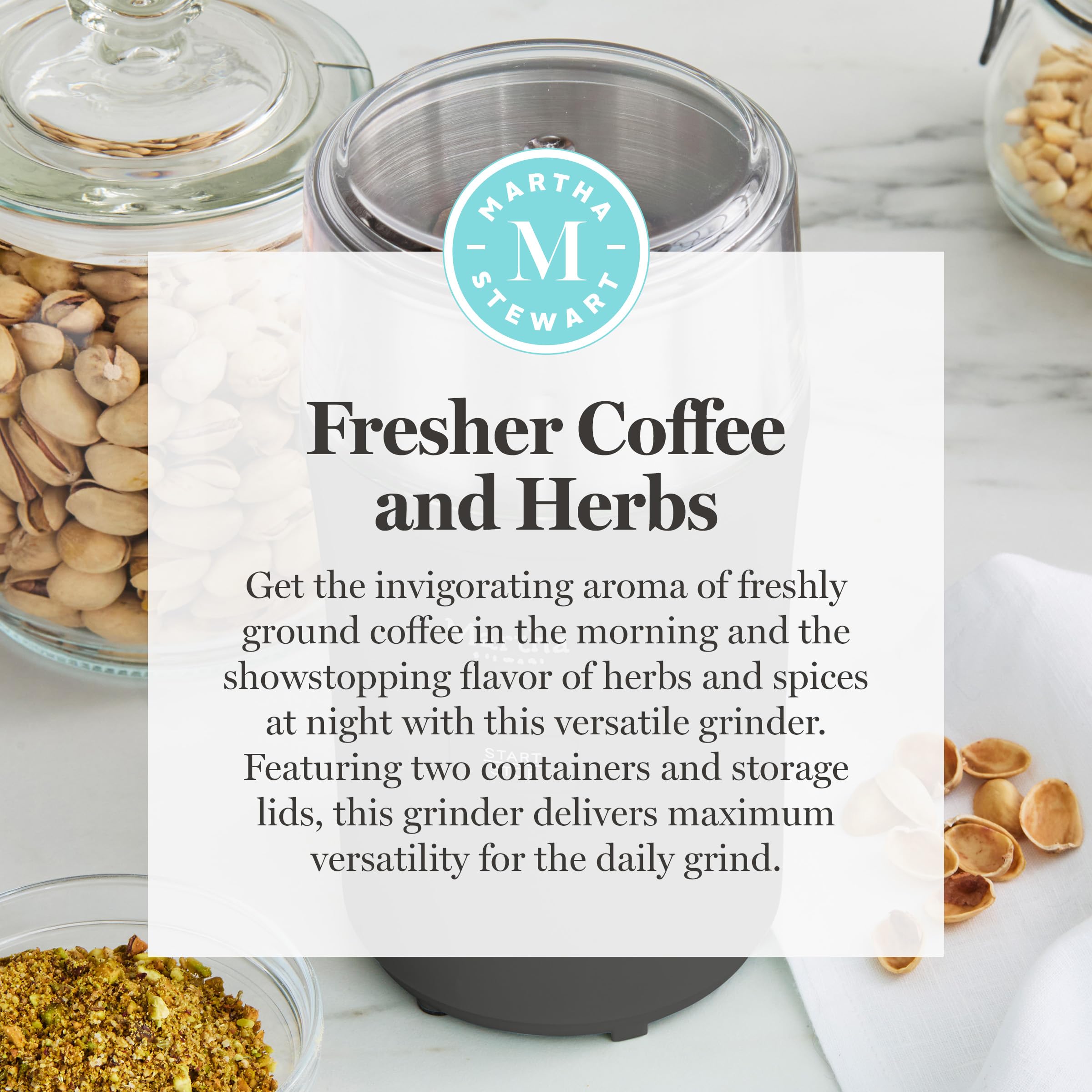 Martha Stewart Electric Coffee & Spice Grinder, Dual 2.5oz Removable Bowls, Storage Lids, Stainless Steel Blades, One Touch Pulse Control, 2-in-1 Compact, Beans & Spices, Herbs & Nuts, Honeydew Green