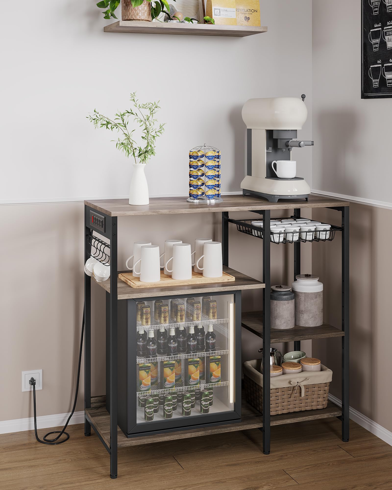 VASAGLE Baker's Rack, Coffee Bar Stand with Charging Station, 35.6 Inches Tall, Storage Shelves, Pull-Out Wire Basket, Table for Microwave, Kitchen, Rustic Brown and Ink Black UKKS036K01