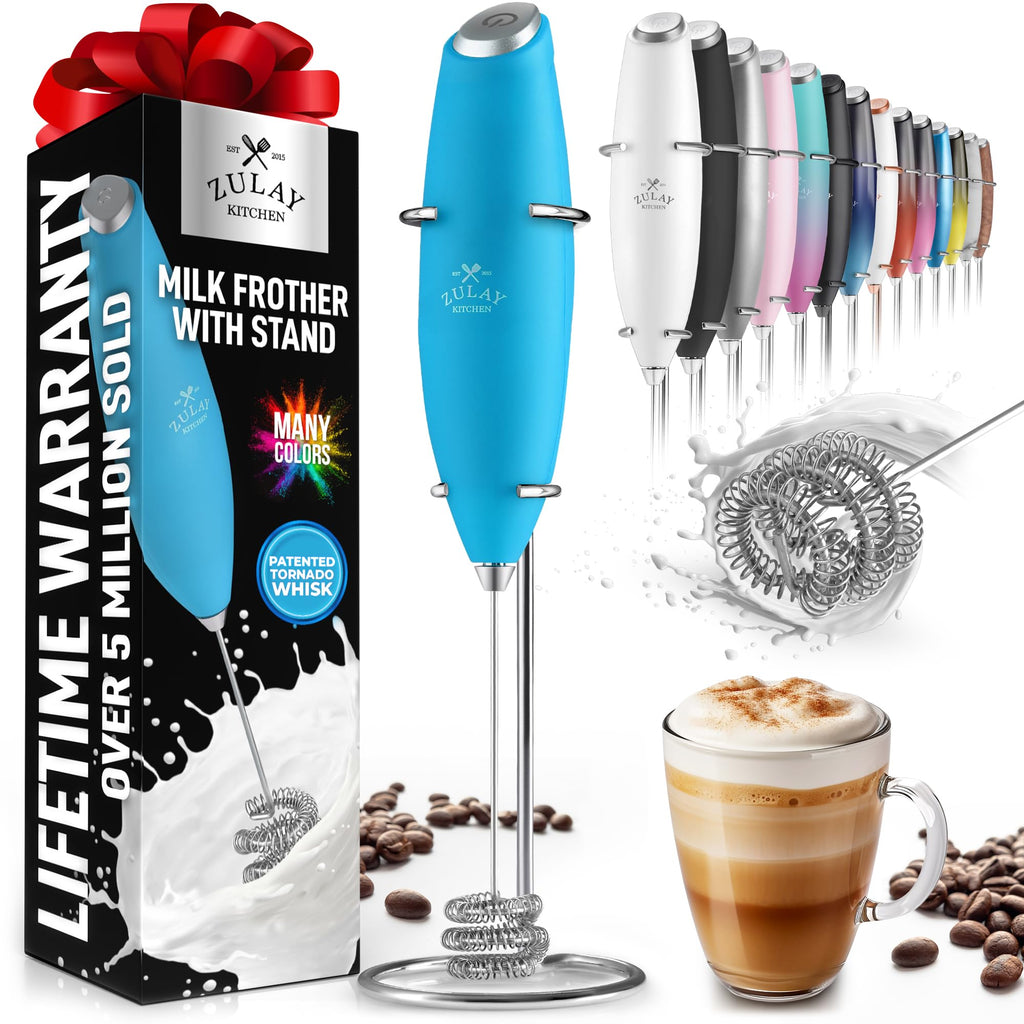 Zulay Kitchen Powerful Milk Frother AA Batteries Included – Ultra Fast Handheld Drink Mixer with Stainless Steel Whisk Stirrer for Coffee, Protein, Matcha & More, Frother Wand Electric Frothmate Black