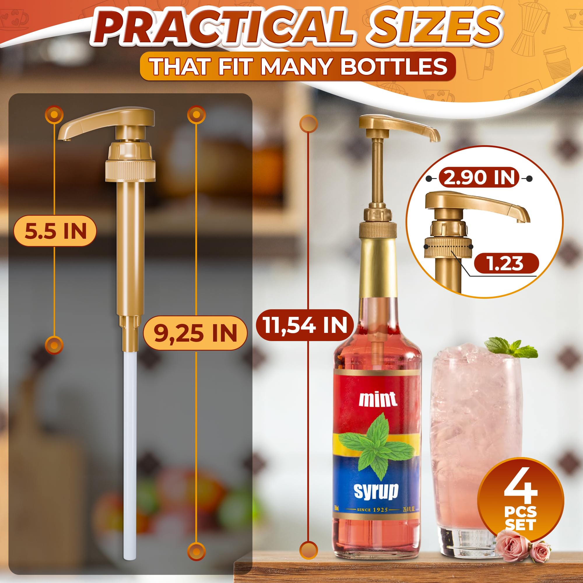 4 Pcs Coffee Syrup Pump Dispenser - Works as Skinny and Torani Syrup Pump - Fits Various 25.4 oz Bottles, Precise Dispensing 0.3oz & Lockable Design, Easy to Use & Clean, Ideal for Liquids