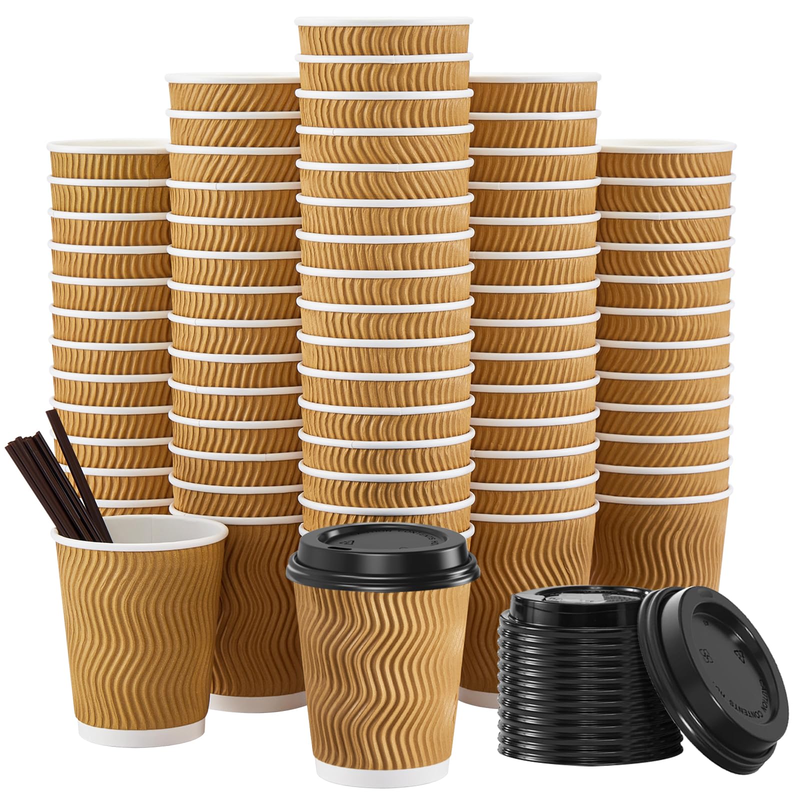 SIUQ 12 oz Coffee Cups-90 Pack Disposable Coffee Cups with Lids and Straws, Insulated Ripple Wall To Go Paper Coffee Cup for Coffee, Hot Chocolate and Hot Tea Drinks - Champagne