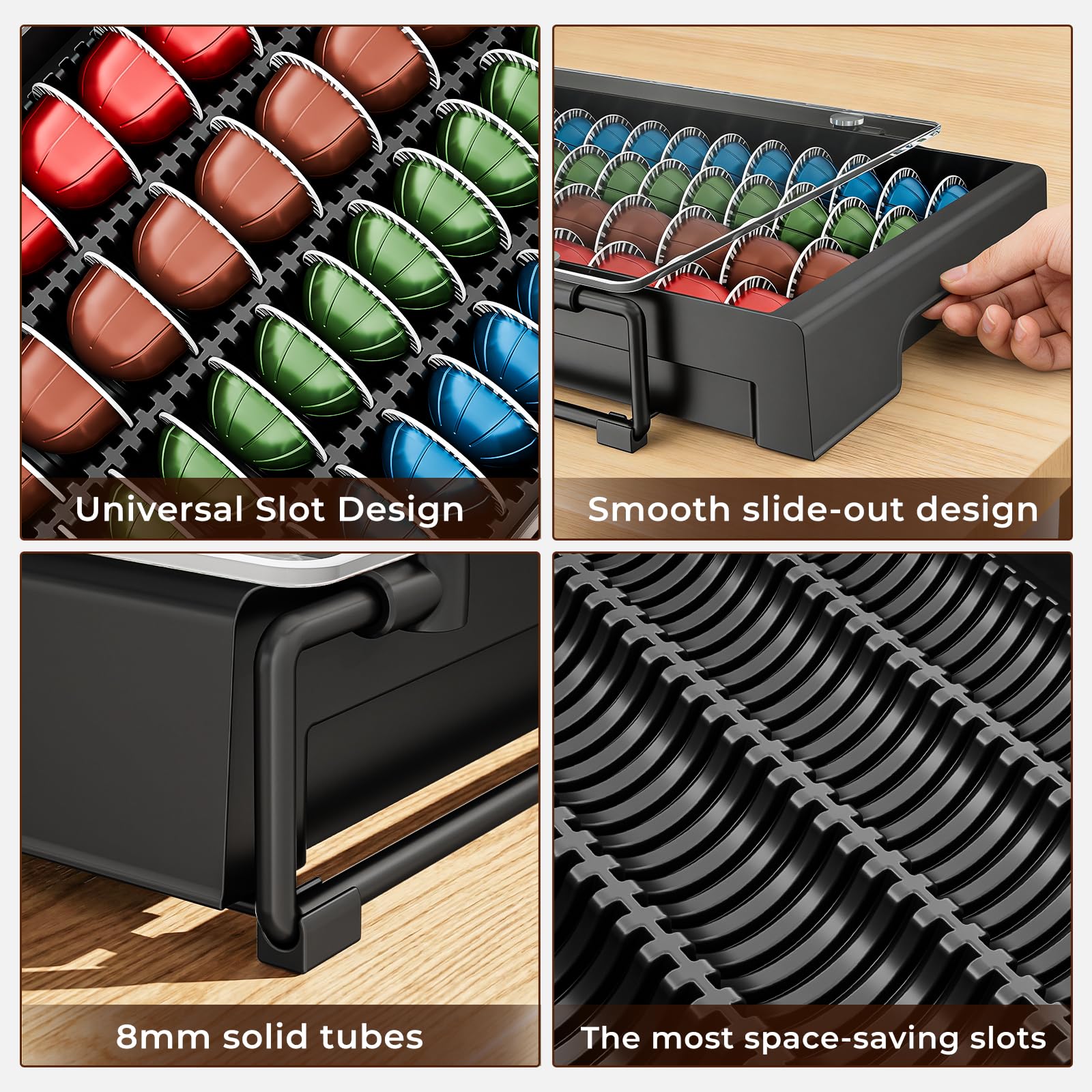 EVERIE Nespresso Vertuo Pod Holder Drawer, Coffee Pod Organizer with Universal Slots, Holds 40 Large or 52 Small Capsules, Tempered Glass Top Storage Drawer for Coffee Makers, 12" x 16.5" x 3.5"